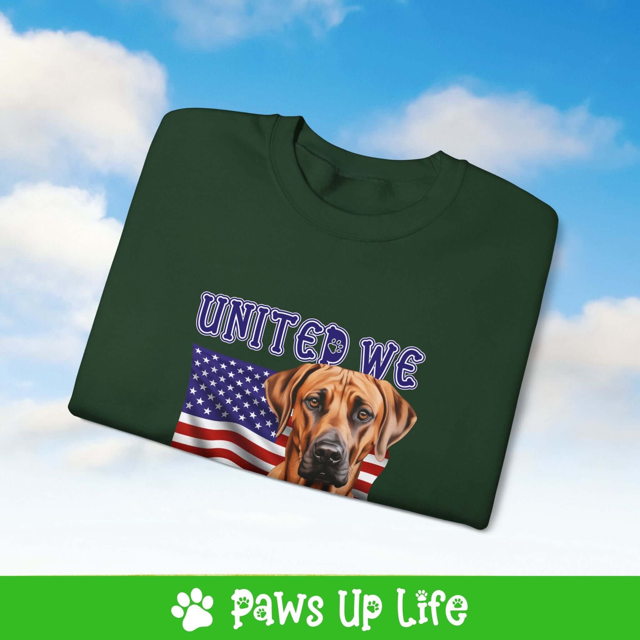 "United We Love" Rhodesian Ridgeback Dog Crewneck Sweatshirt – Patriotic Dog Lover Gift, Unisex Apparel for Proud Dog Moms & Dads | Paws Up Life, LLC