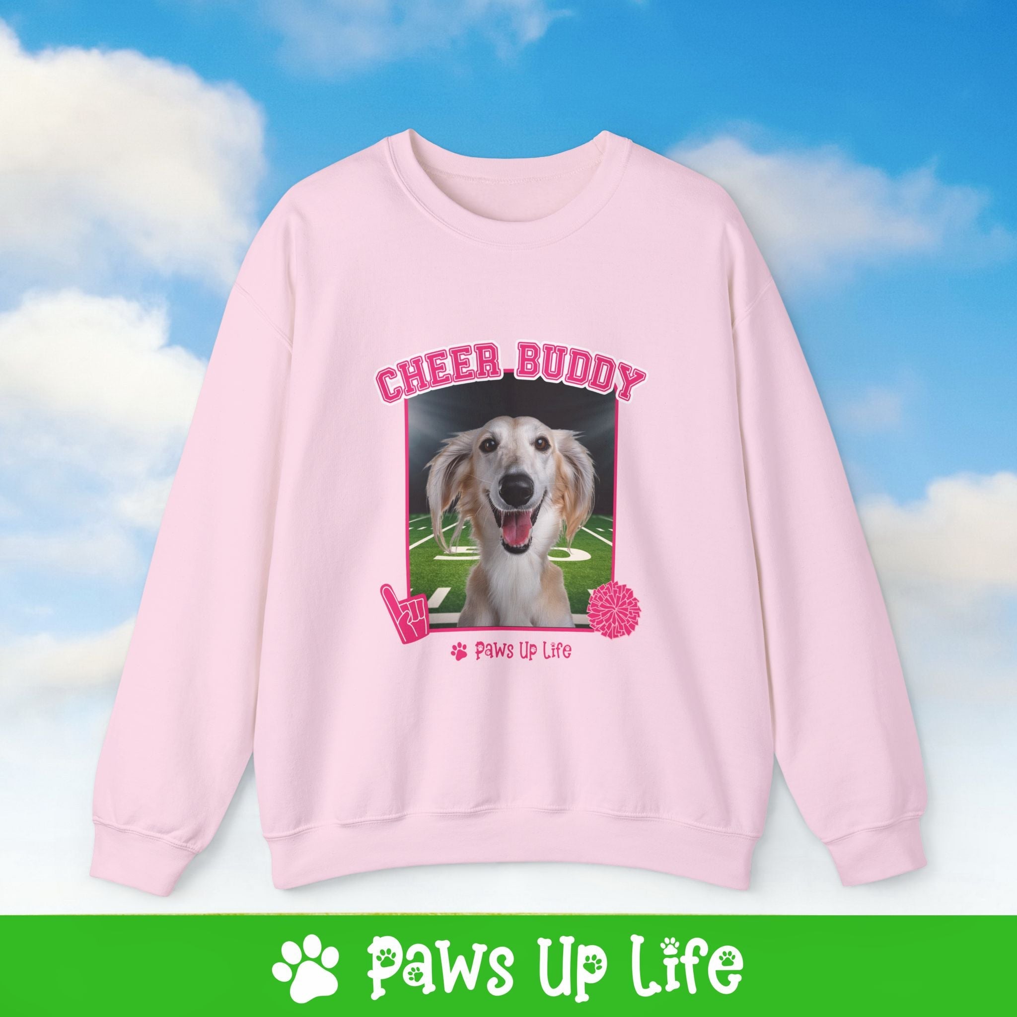 Saluki Football Cheer Buddy Cheerleading Dog Crewneck Sweatshirt, Unisex Gift for Animal Lovers, Dog Mom Dad Sweatshirt, Cute Dog Lover Apparel, Fun Pet | Paws Up Life, LLC