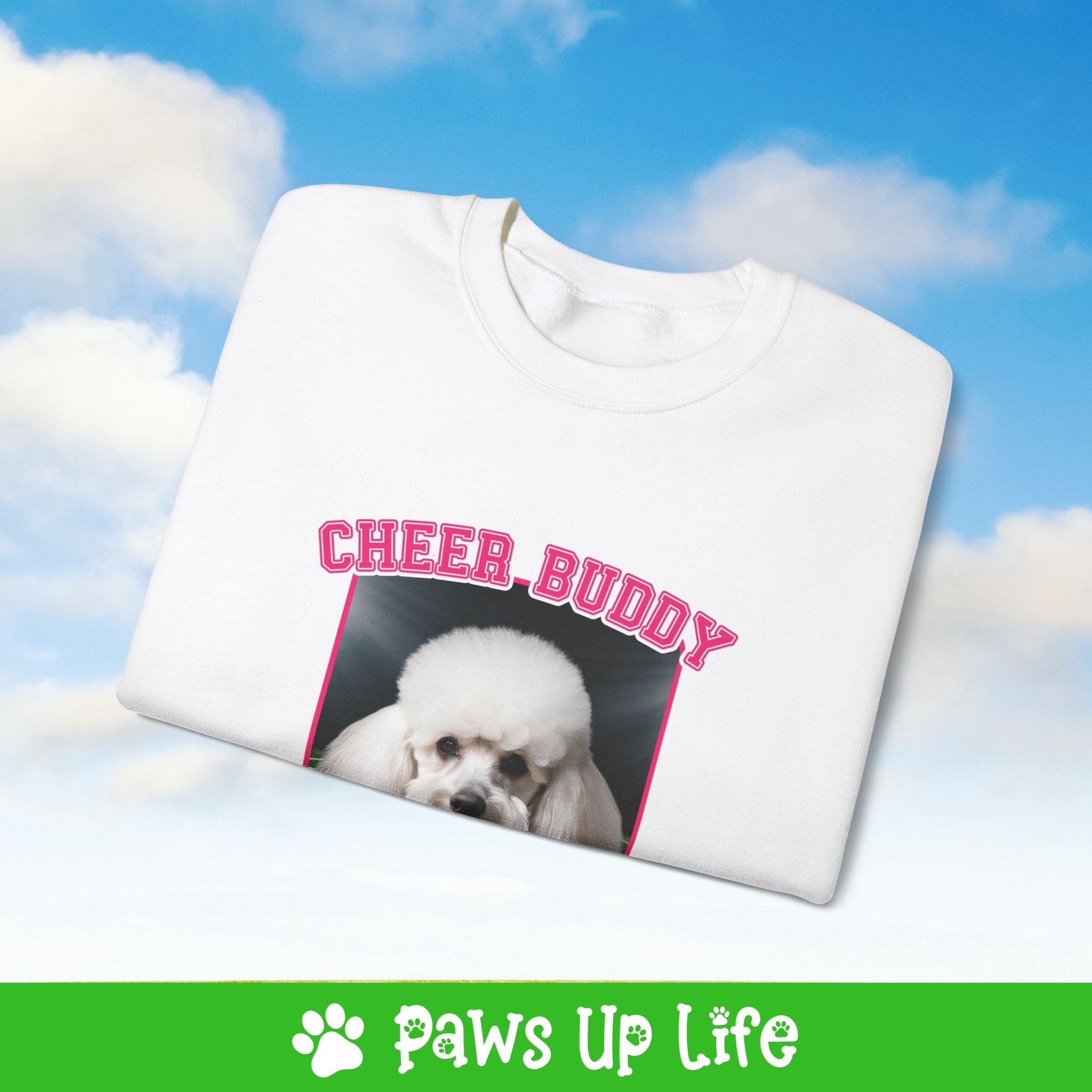 White Poodle Football Cheer Buddy Cheerleading Dog Crewneck Sweatshirt, Unisex Gift for Animal Lovers, Dog Mom Dad Sweatshirt, Cute Dog Lover Apparel, Fun Pet | Paws Up Life, LLC