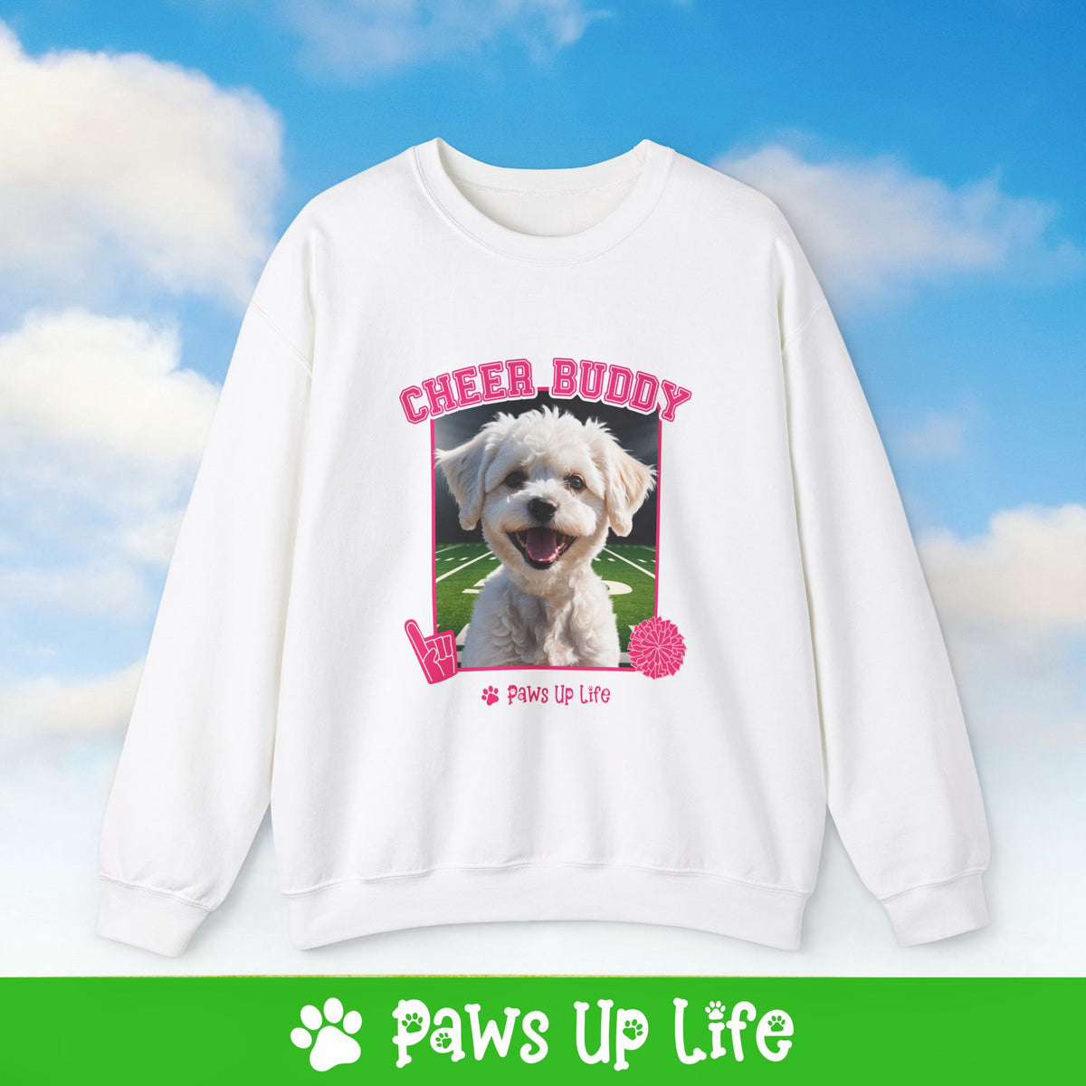 Bichons Frise Football Cheer Buddy Cheerleading Dog Crewneck Sweatshirt, Unisex Gift for Animal Lovers, Dog Mom Dad Sweatshirt, Cute Dog Lover Apparel, Fun Pet