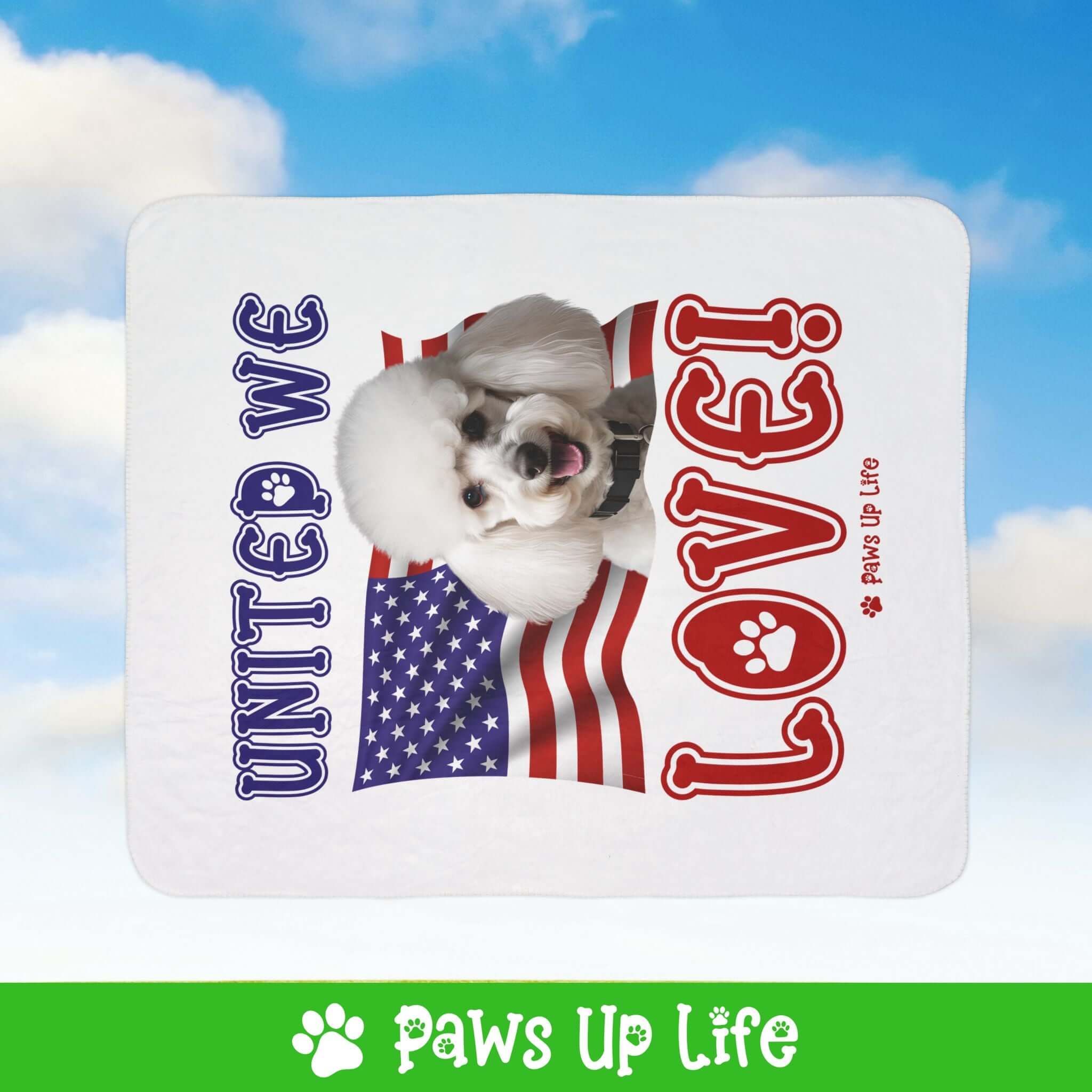 "United We Love" White Poodle Patriotic Fleece Sherpa Blanket - Perfect for Snuggling and Cozy Napping | Paws Up Life, LLC