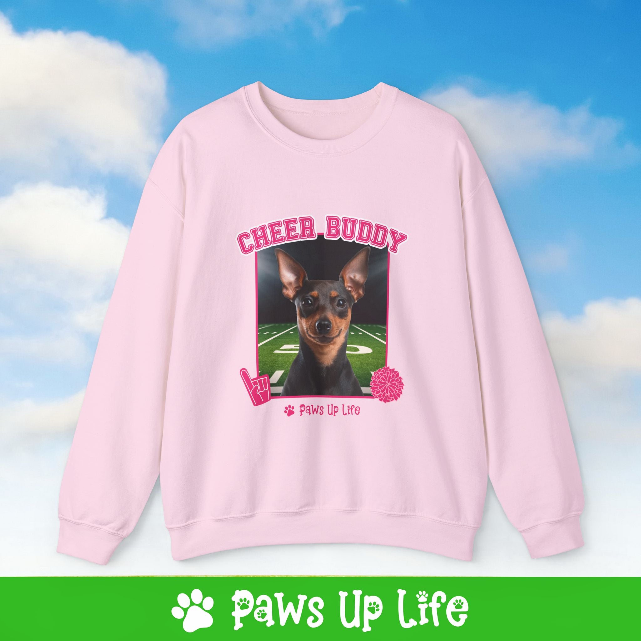 Miniature Pinscher Football Cheer Buddy Cheerleading Dog Crewneck Sweatshirt, Unisex Gift for Animal Lovers, Dog Mom Dad Sweatshirt, Cute Dog Lover Apparel, Fun Pet | Paws Up Life, LLC