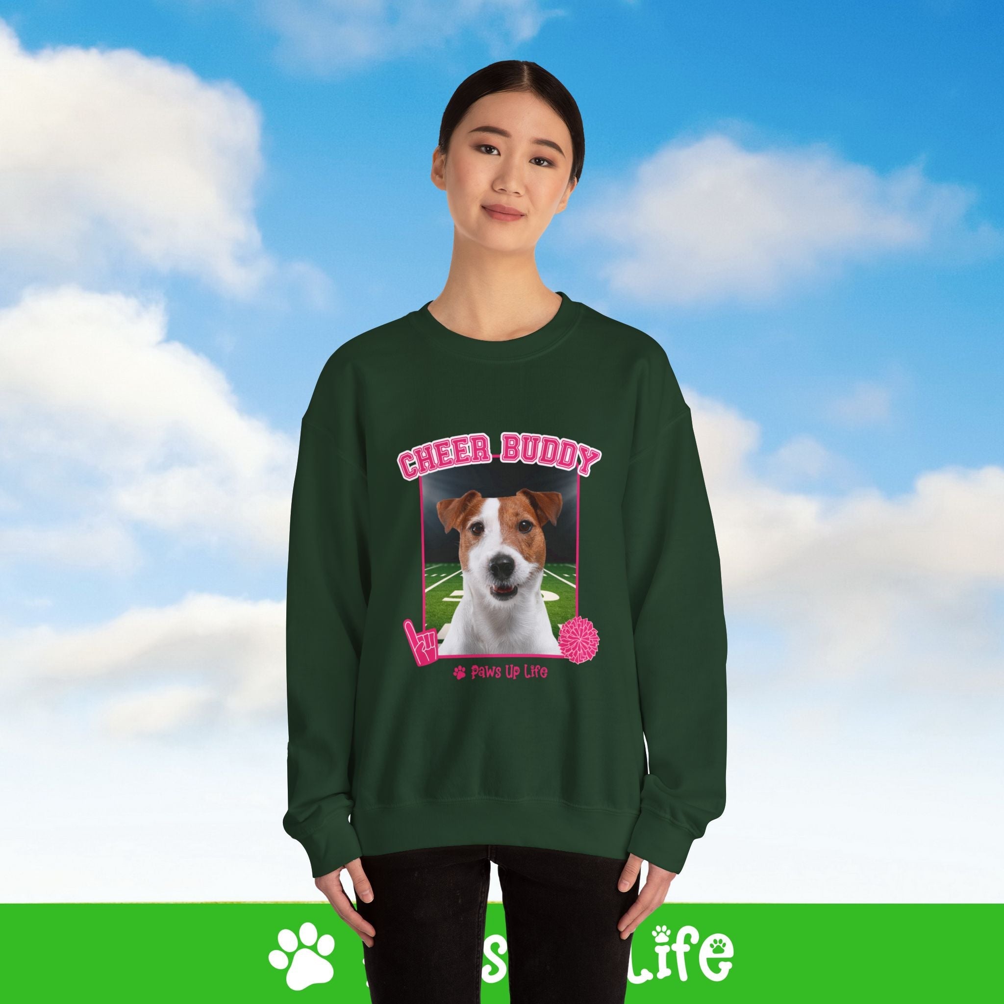 White Russell Terrier Football Cheer Buddy Cheerleading Dog Crewneck Sweatshirt, Unisex Gift for Animal Lovers, Dog Mom Dad Sweatshirt, Cute Dog Lover Apparel, Fun Pet | Paws Up Life, LLC