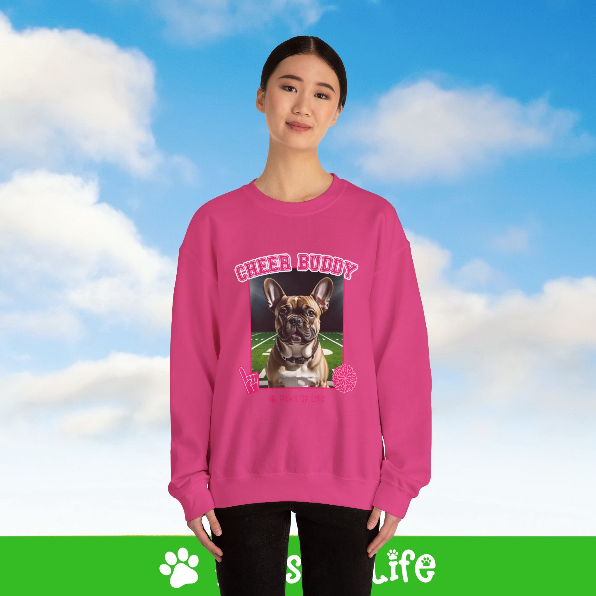 French Bulldog Football Cheer Buddy Cheerleading Dog Crewneck Sweatshirt, Unisex Gift for Animal Lovers, Dog Mom Dad Sweatshirt, Cute Dog Lover Apparel, Fun Pet | Paws Up Life, LLC