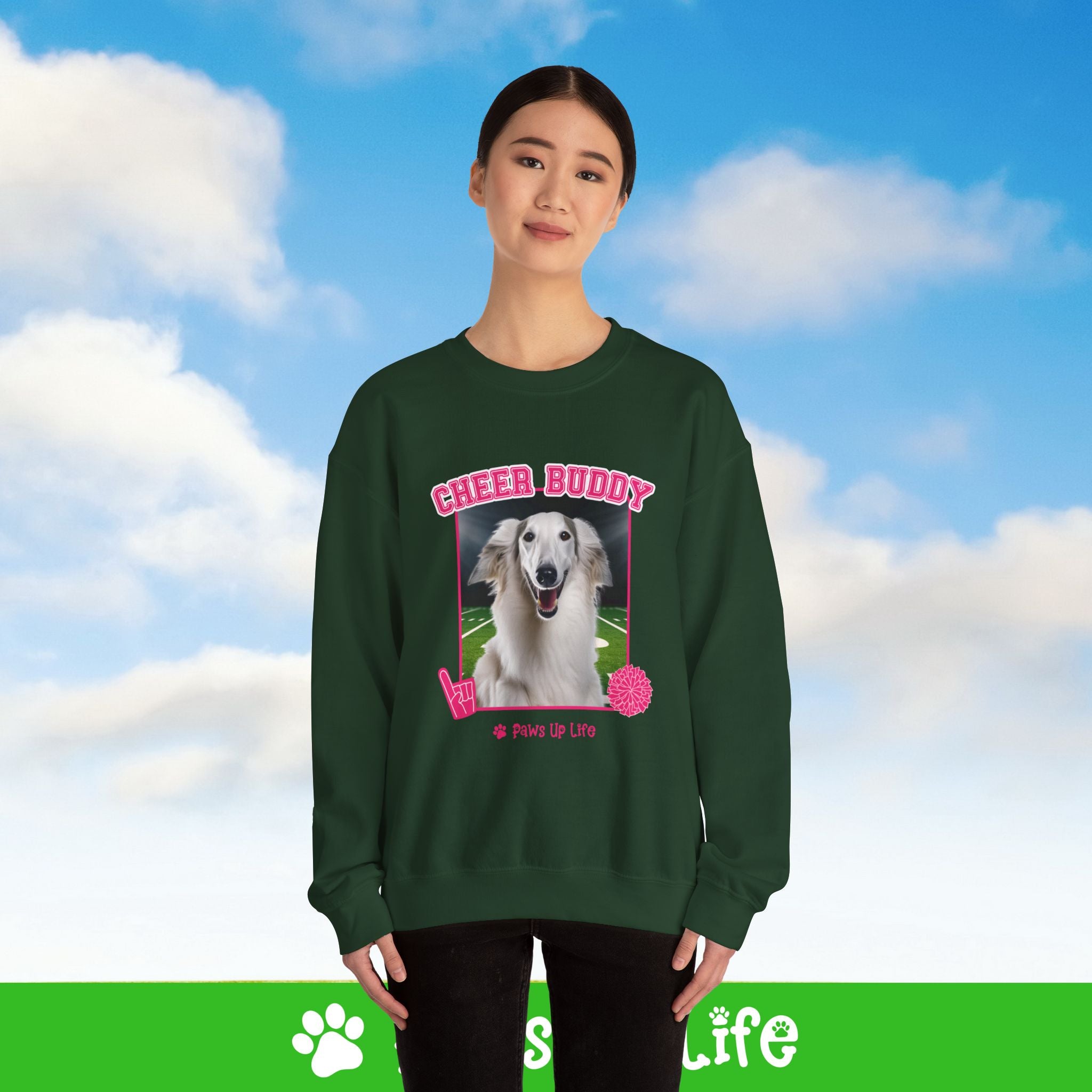 Borzoi Football Cheer Buddy Cheerleading Dog Crewneck Sweatshirt, Unisex Gift for Animal Lovers, Dog Mom Dad Sweatshirt, Cute Dog Lover Apparel, Fun Pet | Paws Up Life, LLC