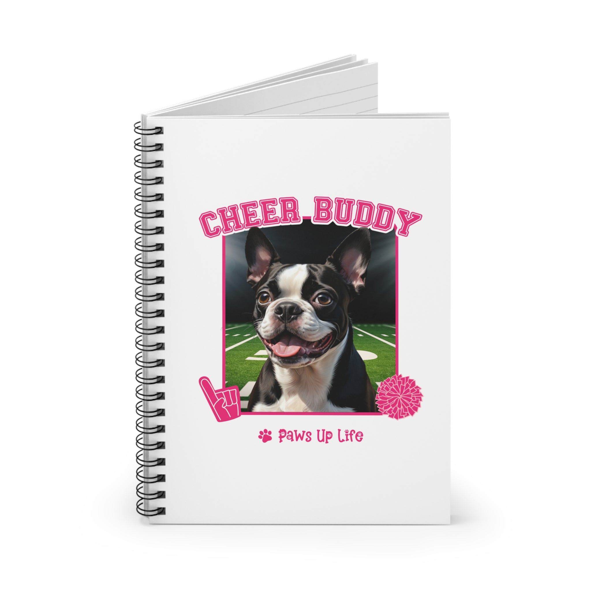 Boston Terrier Football Cheer Buddy Cheerleading Dog Spiral Notebook for Office and Home - Ruled Line | Paws Up Life, LLC