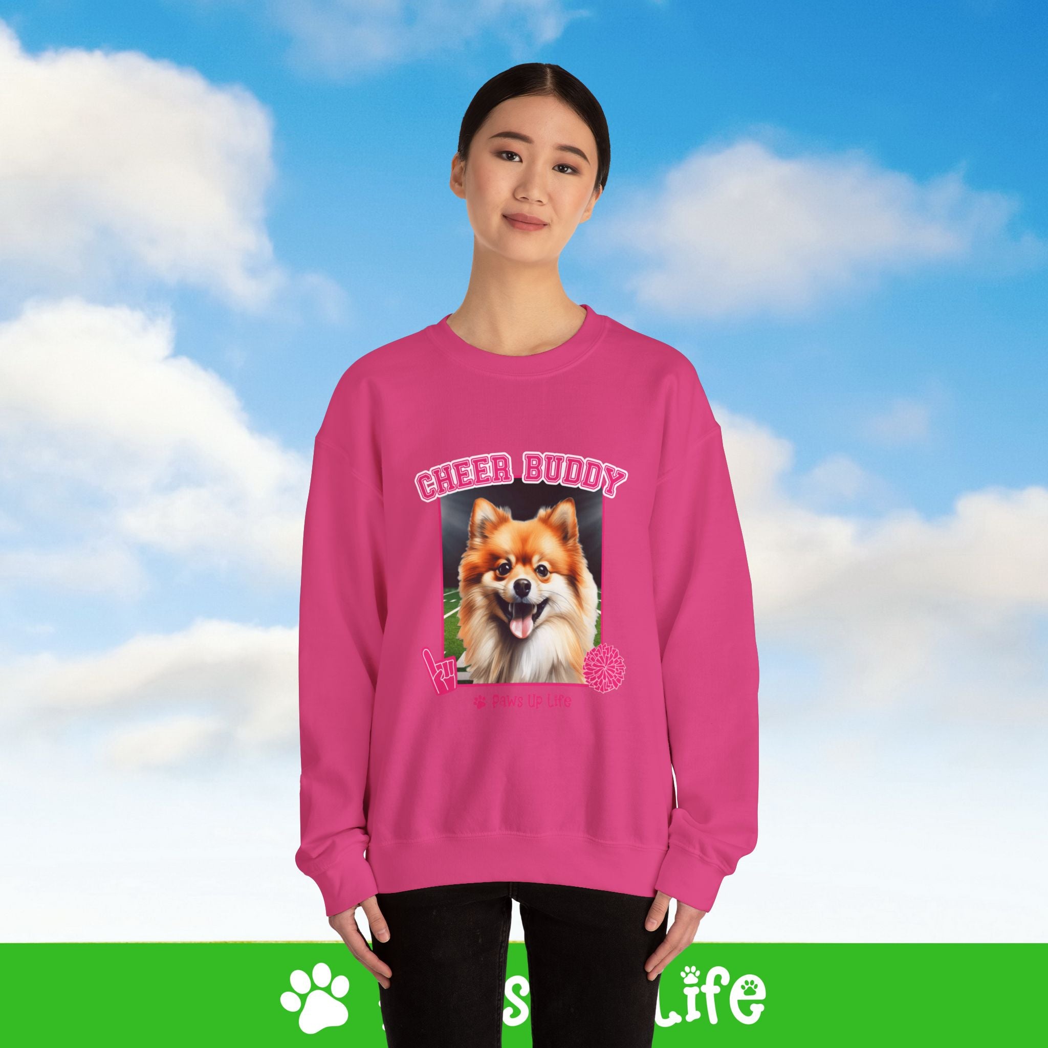 Pomeranian Football Cheer Buddy Cheerleading Dog Crewneck Sweatshirt, Unisex Gift for Animal Lovers, Dog Mom Dad Sweatshirt, Cute Dog Lover Apparel, Fun Pet | Paws Up Life, LLC