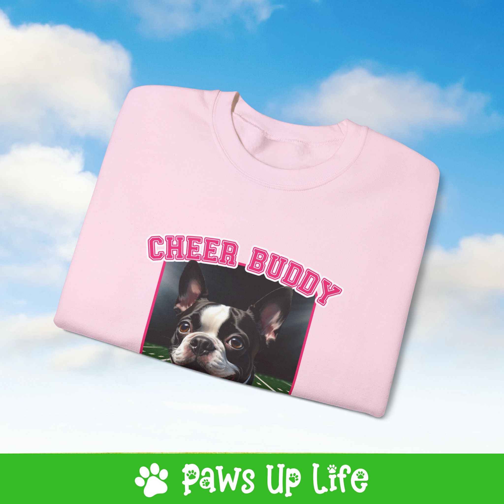 Boston Terrier Football Cheer Buddy Cheerleading Dog Crewneck Sweatshirt, Unisex Gift for Animal Lovers, Dog Mom Dad Sweatshirt, Cute Dog Lover Apparel, Fun Pet