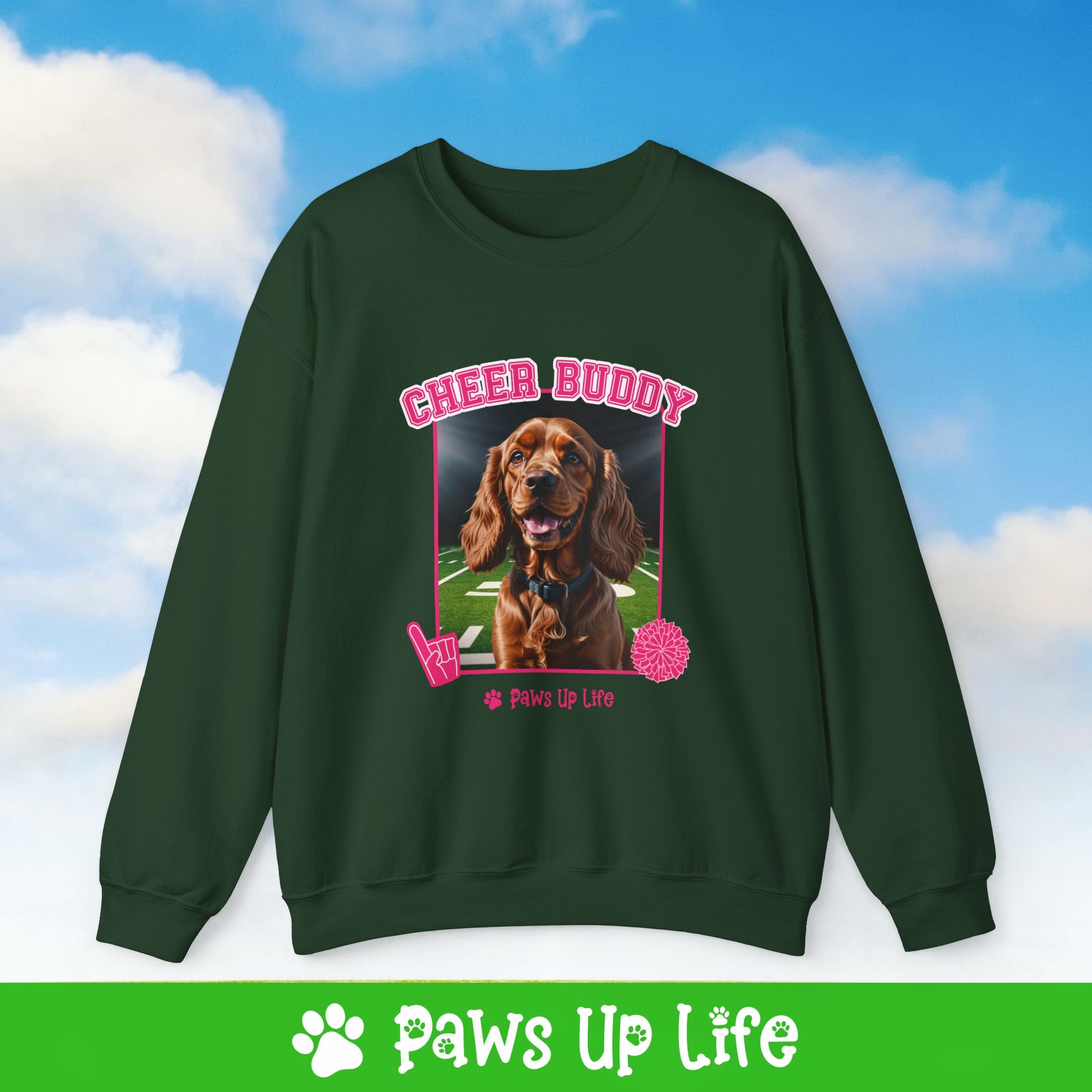 Cocker Spaniel Football Cheer Buddy Cheerleading Dog Crewneck Sweatshirt, Unisex Gift for Animal Lovers, Dog Mom Dad Sweatshirt, Cute Dog Lover Apparel, Fun Pet | Paws Up Life, LLC