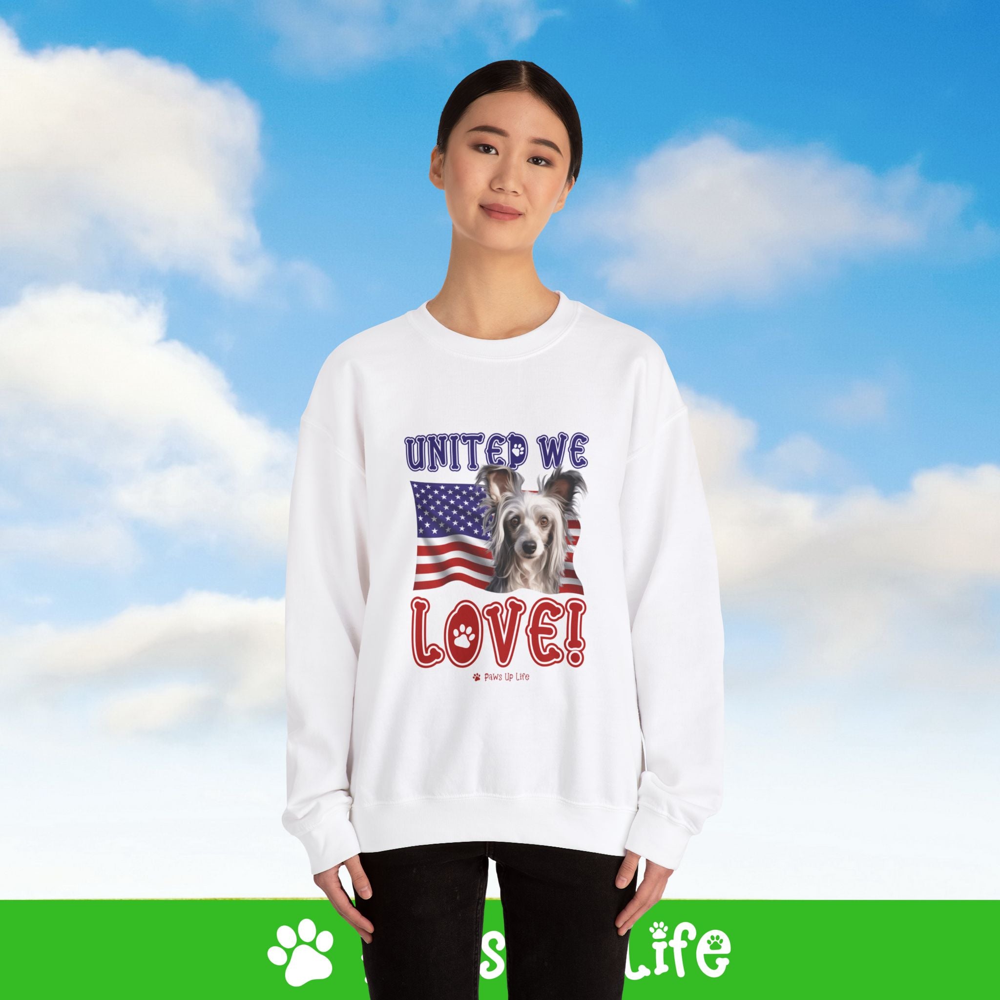 Chinese Crested Dog United We Love Dog Crewneck Sweatshirt, Unisex Gift for Animal Lovers, Dog Mom Dad Sweatshirt, Cute Dog Lover Apparel, Fun Pet | Paws Up Life, LLC