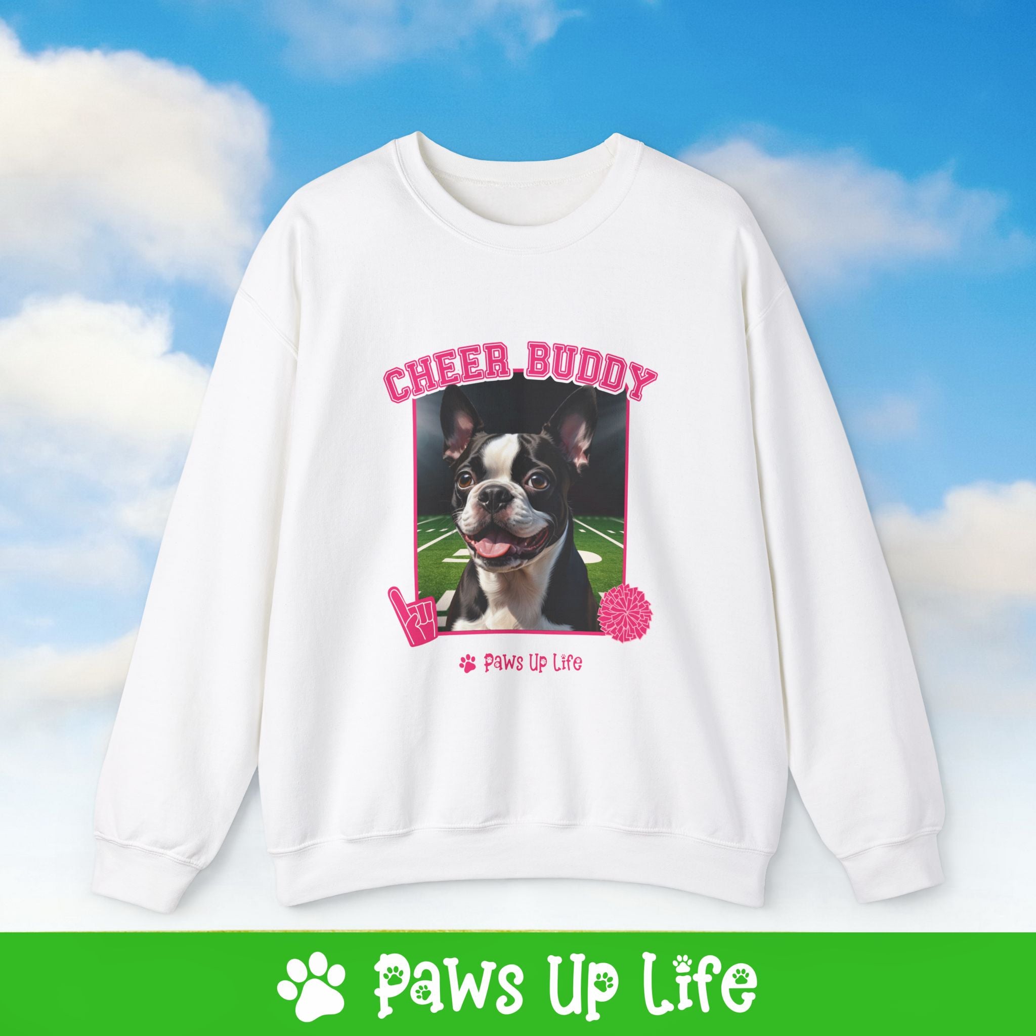 Boston Terrier Football Cheer Buddy Cheerleading Dog Crewneck Sweatshirt, Unisex Gift for Animal Lovers, Dog Mom Dad Sweatshirt, Cute Dog Lover Apparel, Fun Pet | Paws Up Life, LLC