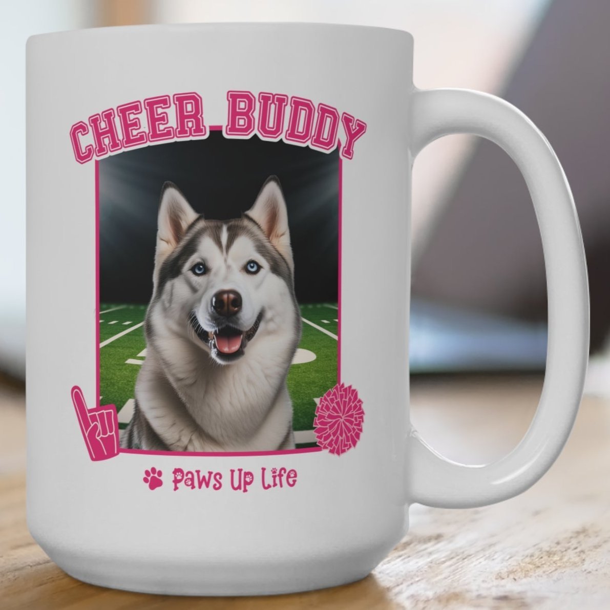 White Siberian Husky Football Cheer Buddy Cheerleading Dog 15oz Large Coffee Mug Ceramic Drinkware Tea Washable | Paws Up Life, LLC