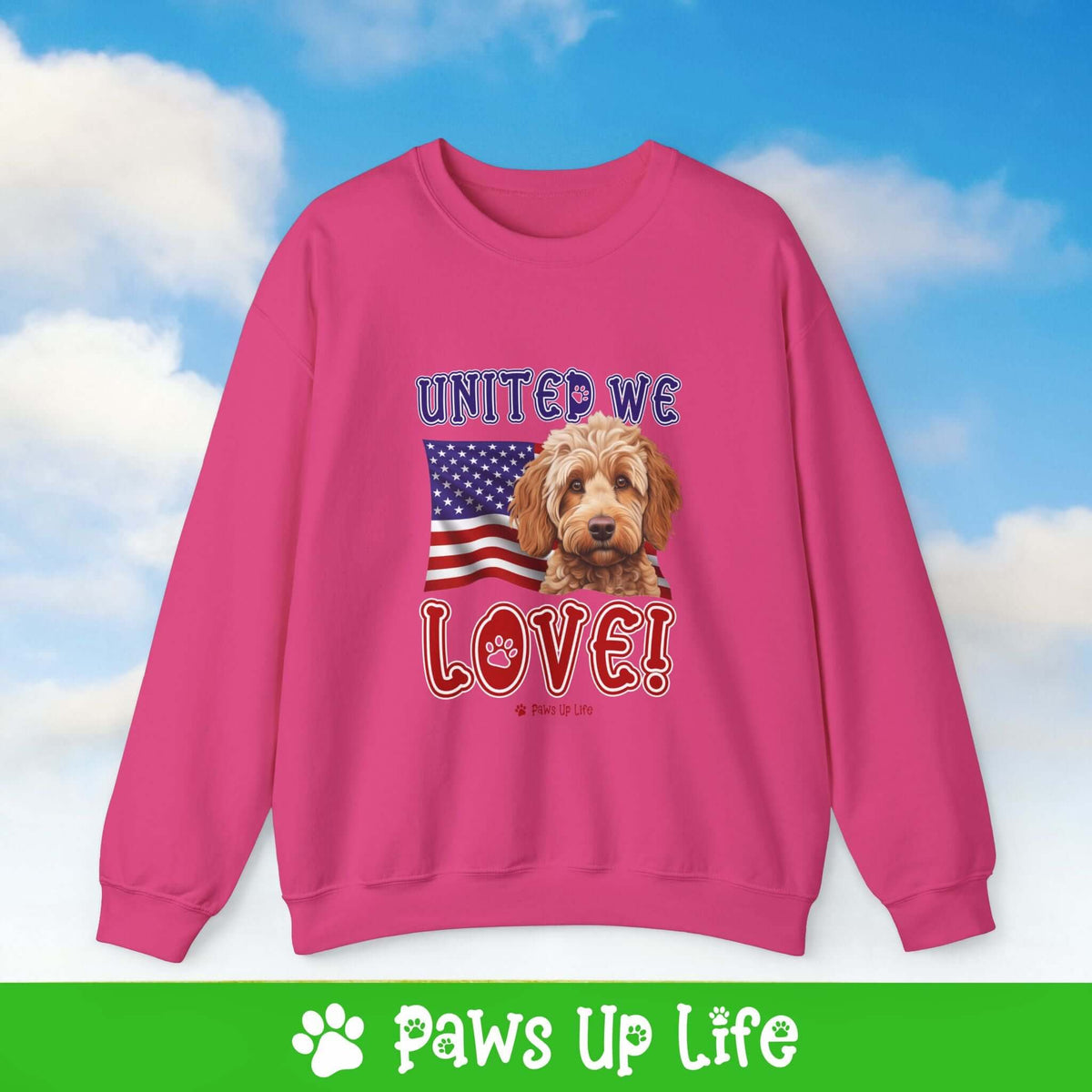 "United We Love" Spoodle Dog Crewneck Sweatshirt – Patriotic Dog Lover Gift, Unisex Apparel for Proud Dog Moms & Dads