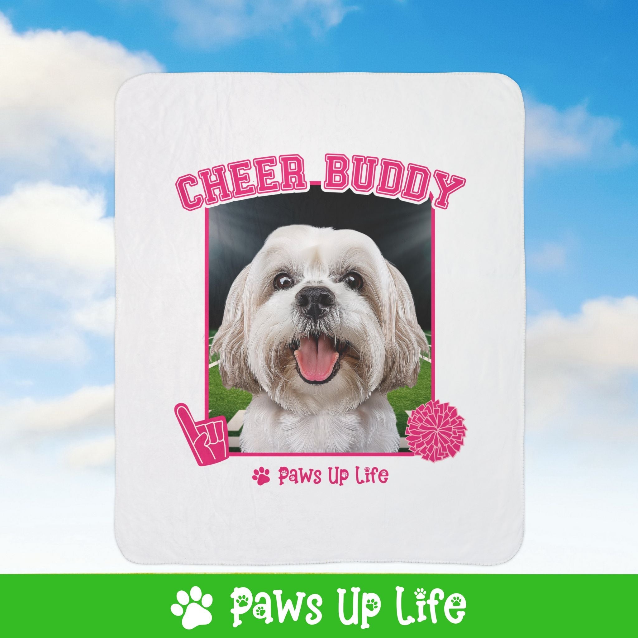 White Lhasa Apso Football Cheer Buddy Cheerleading Dog Fleece Sherpa Blanket - Perfect for Snuggling and Cozy Napping | Paws Up Life, LLC