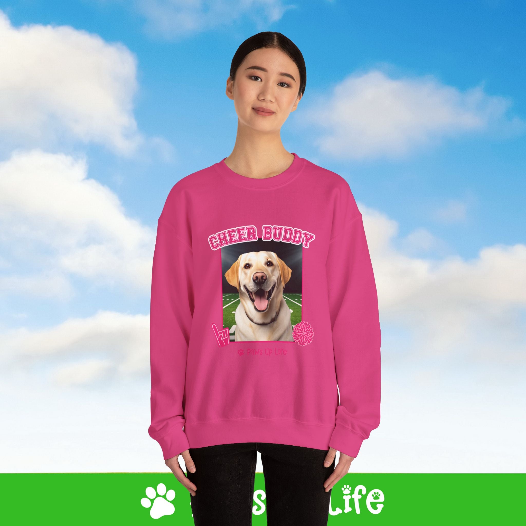 Labrador Retriever Yellow Lab Football Cheer Buddy Cheerleading Dog Crewneck Sweatshirt, Unisex Gift for Animal Lovers, Dog Mom Dad Sweatshirt, Cute Dog Lover Apparel, Fun Pet | Paws Up Life, LLC