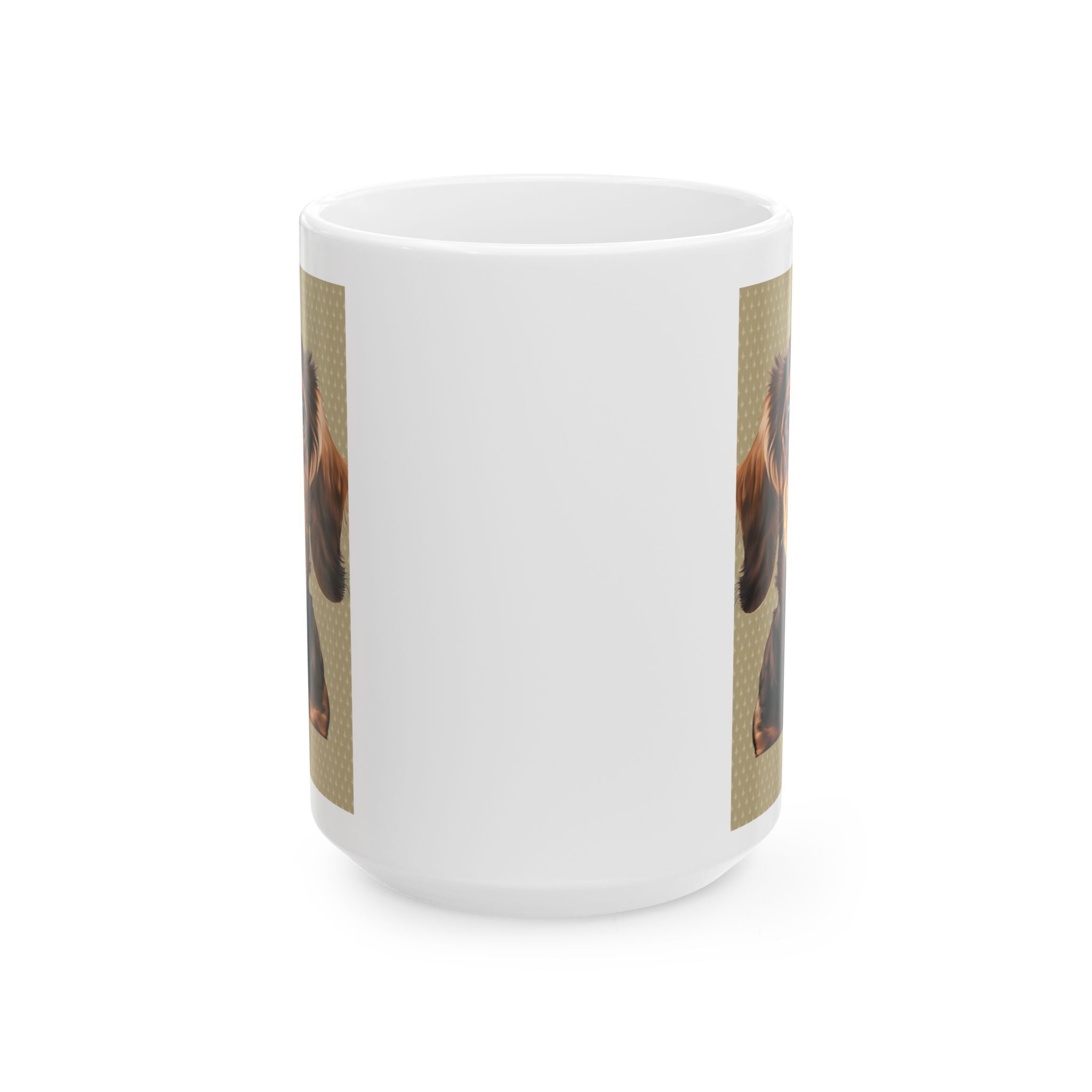 15 oz White Ceramic Mug with Adorable Long-Haired Dachshund Design – Ideal for Coffee, Tea, and Dog Enthusiasts.