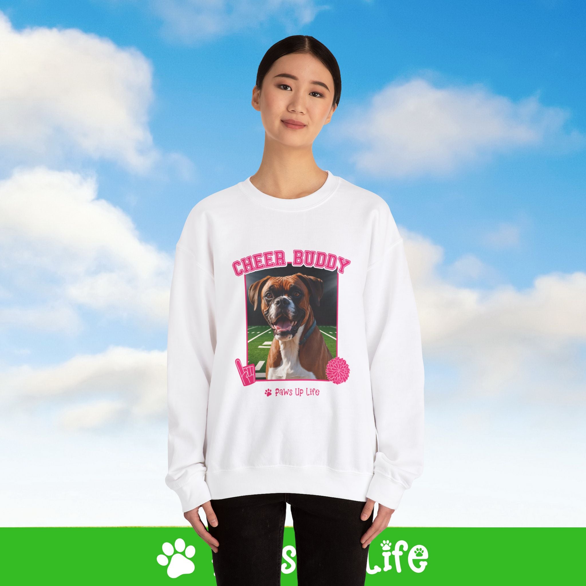 Boxer Football Cheer Buddy Cheerleading Dog Crewneck Sweatshirt, Unisex Gift for Animal Lovers, Dog Mom Dad Sweatshirt, Cute Dog Lover Apparel, Fun Pet | Paws Up Life, LLC