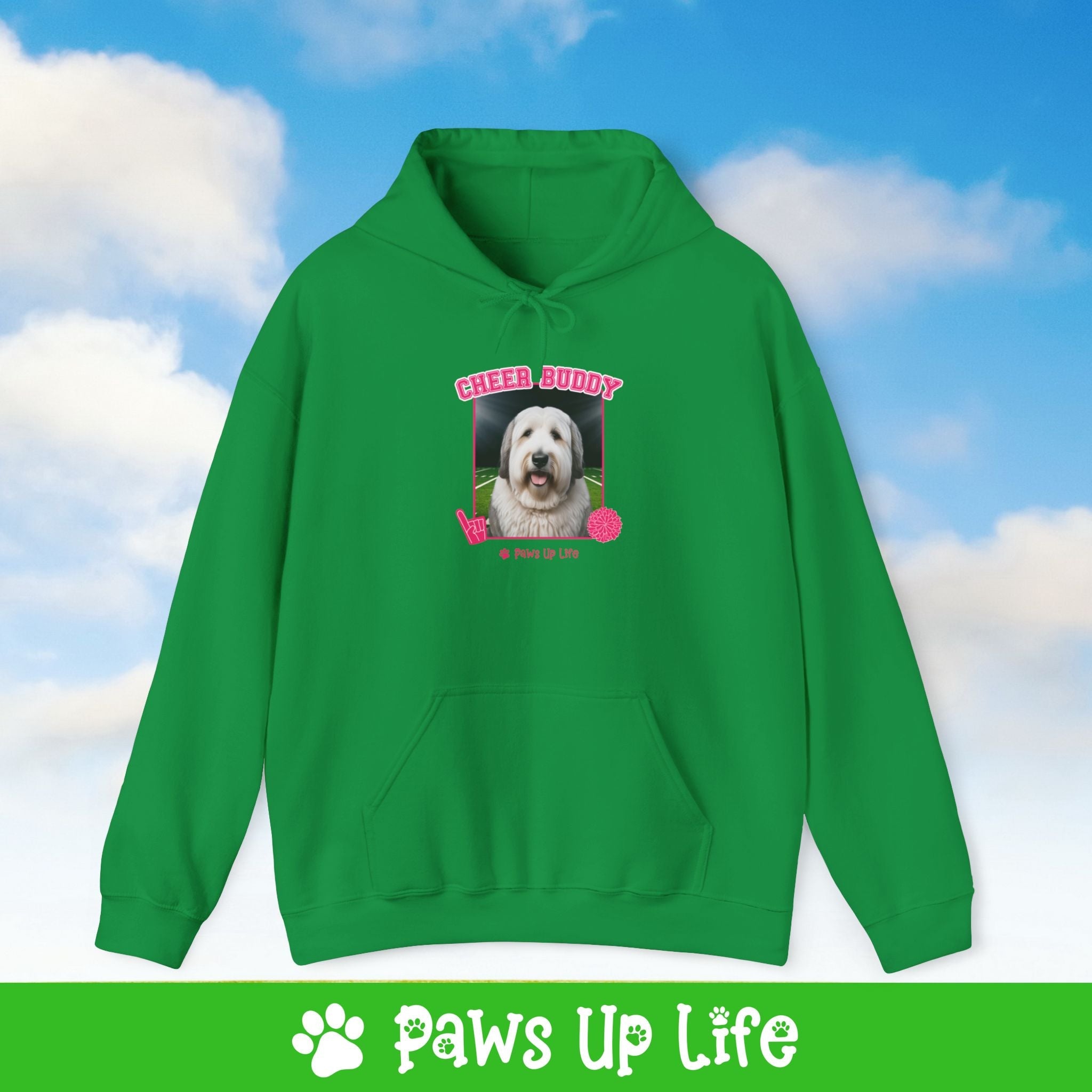 White Old English Sheep Dog Football Cheer Buddy Cheerleading Dog Unisex Hoodie Hooded Sweatshirt Classic Comfy Cotton | Paws Up Life, LLC