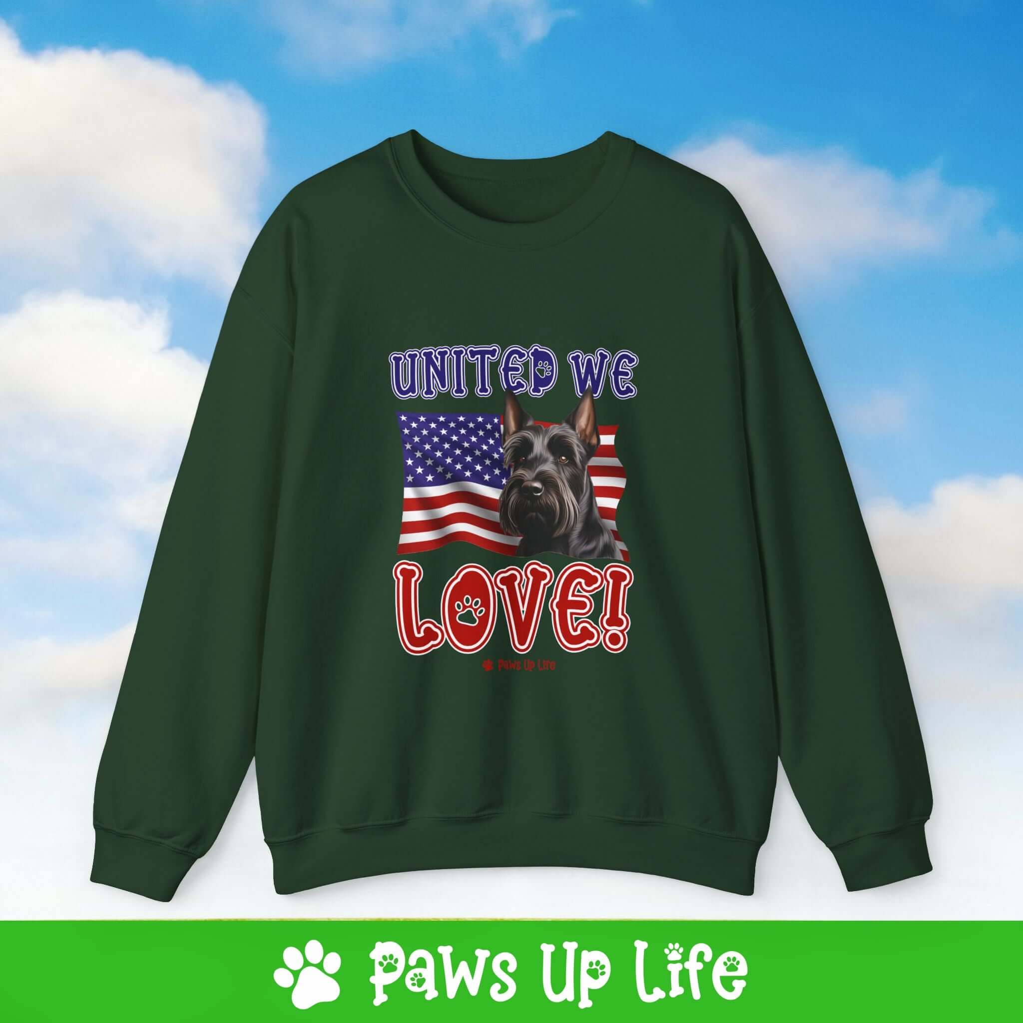 "United We Love" Scottish Terrier Dog Crewneck Sweatshirt – Patriotic Dog Lover Gift, Unisex Apparel for Proud Dog Moms & Dads | Paws Up Life, LLC