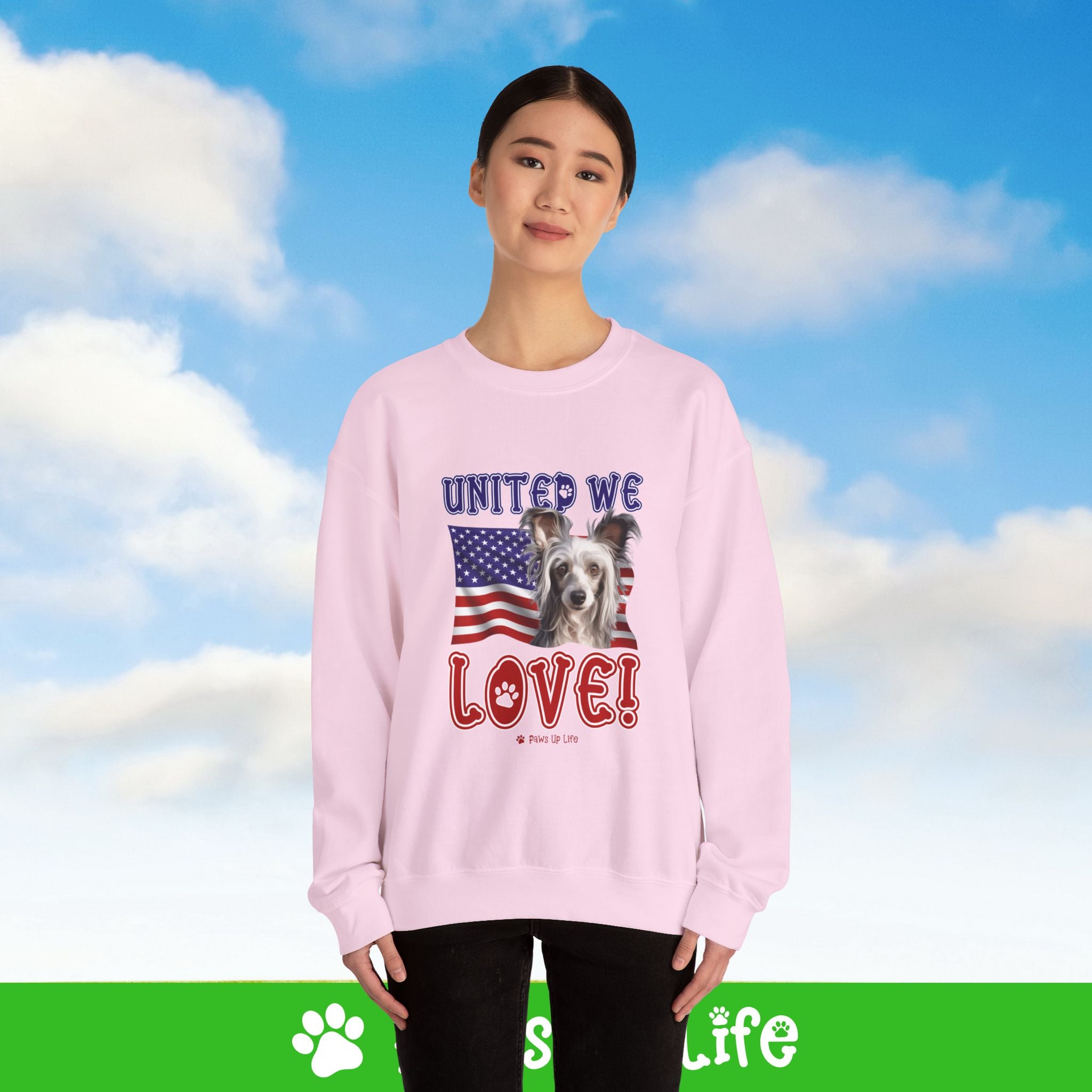 Chinese Crested Dog United We Love Dog Crewneck Sweatshirt, Unisex Gift for Animal Lovers, Dog Mom Dad Sweatshirt, Cute Dog Lover Apparel, Fun Pet | Paws Up Life, LLC