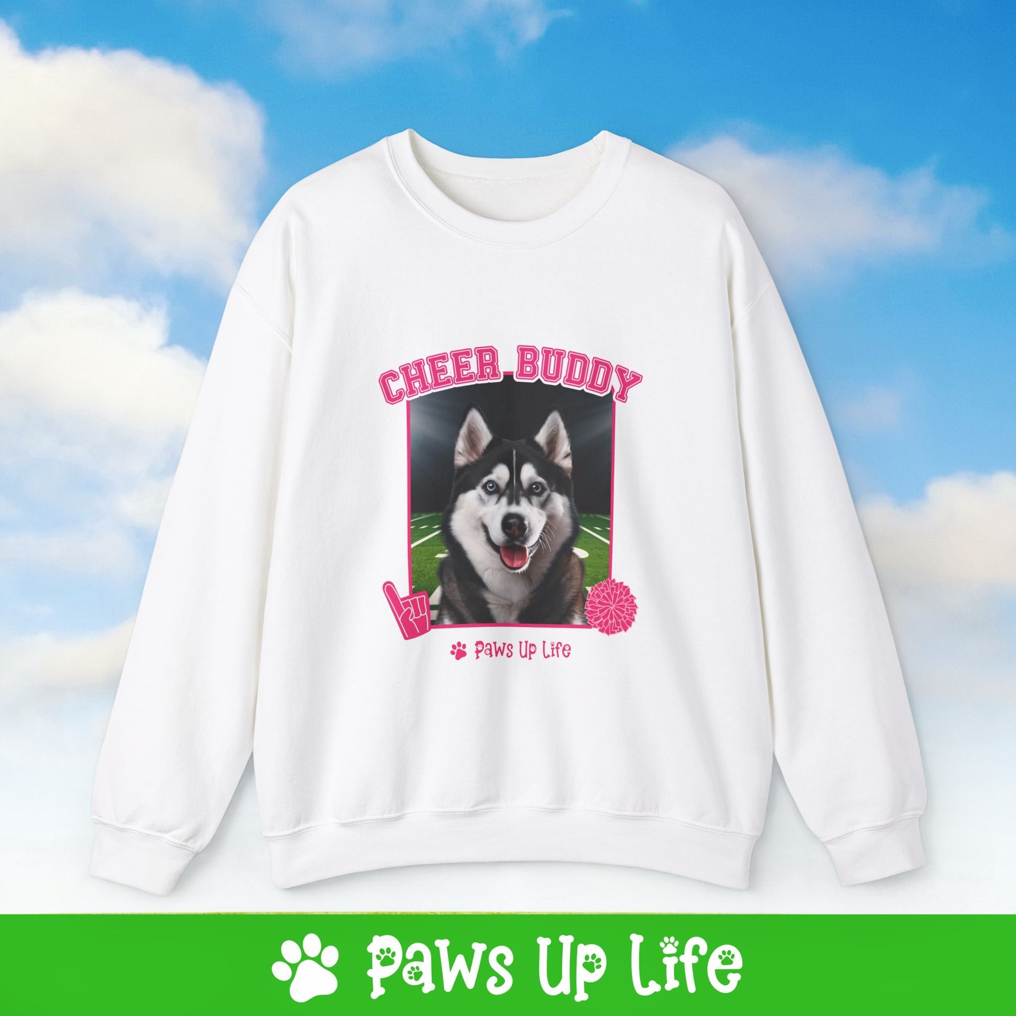 Black Siberian Husky Football Cheer Buddy Cheerleading Dog Crewneck Sweatshirt, Unisex Gift for Animal Lovers, Dog Mom Dad Sweatshirt, Cute Dog Lover Apparel, Fun Pet | Paws Up Life, LLC