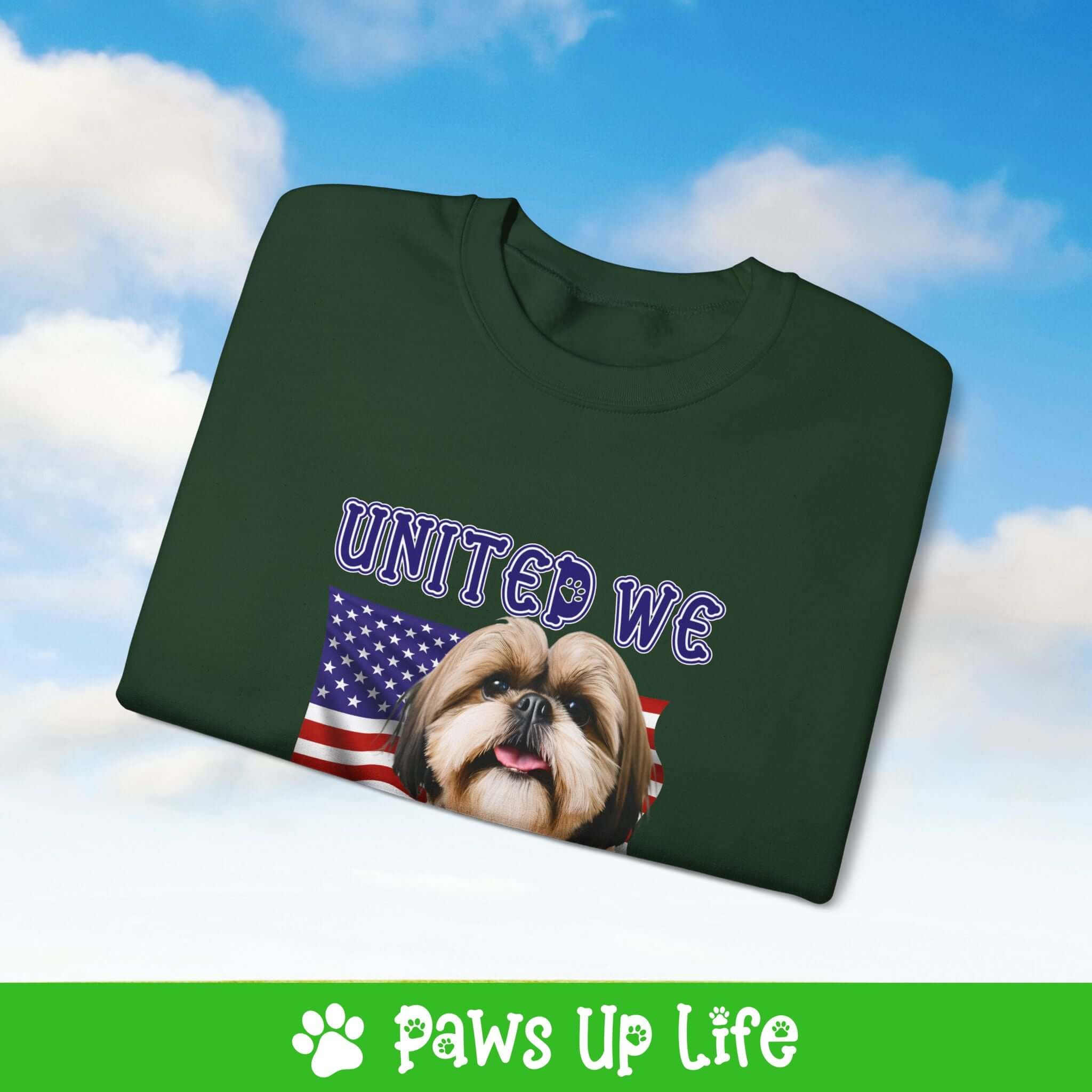 "United We Love"Shih Tzu Dog Crewneck Sweatshirt – Patriotic Dog Lover Gift, Unisex Apparel for Proud Dog Moms & Dads