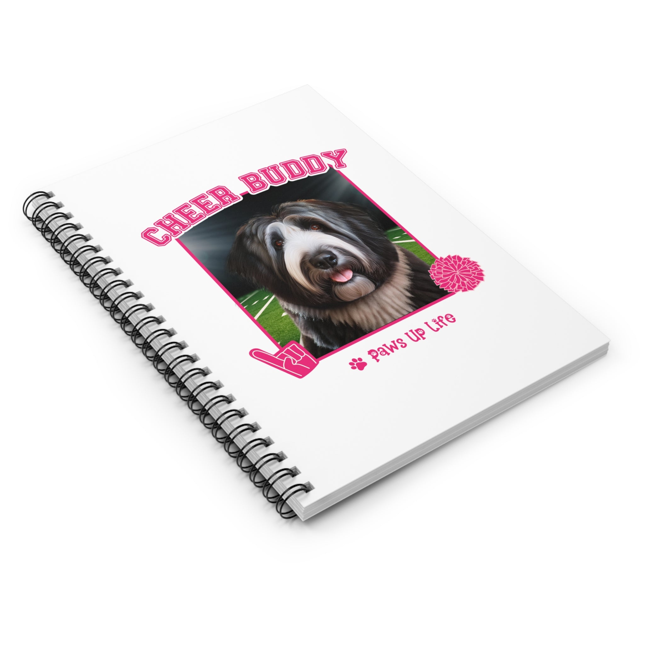 Black Old English Sheep Dog Football Cheer Buddy Cheerleading Dog Spiral Notebook for Office and Home - Ruled Line | Paws Up Life, LLC