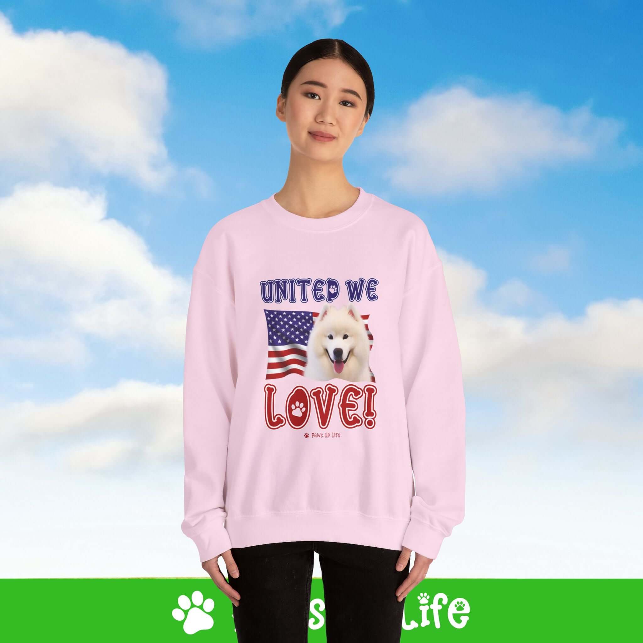 "United We Love" Samoyed Dog Crewneck Sweatshirt – Patriotic Dog Lover Gift, Unisex Apparel for Proud Dog Moms & Dads | Paws Up Life, LLC