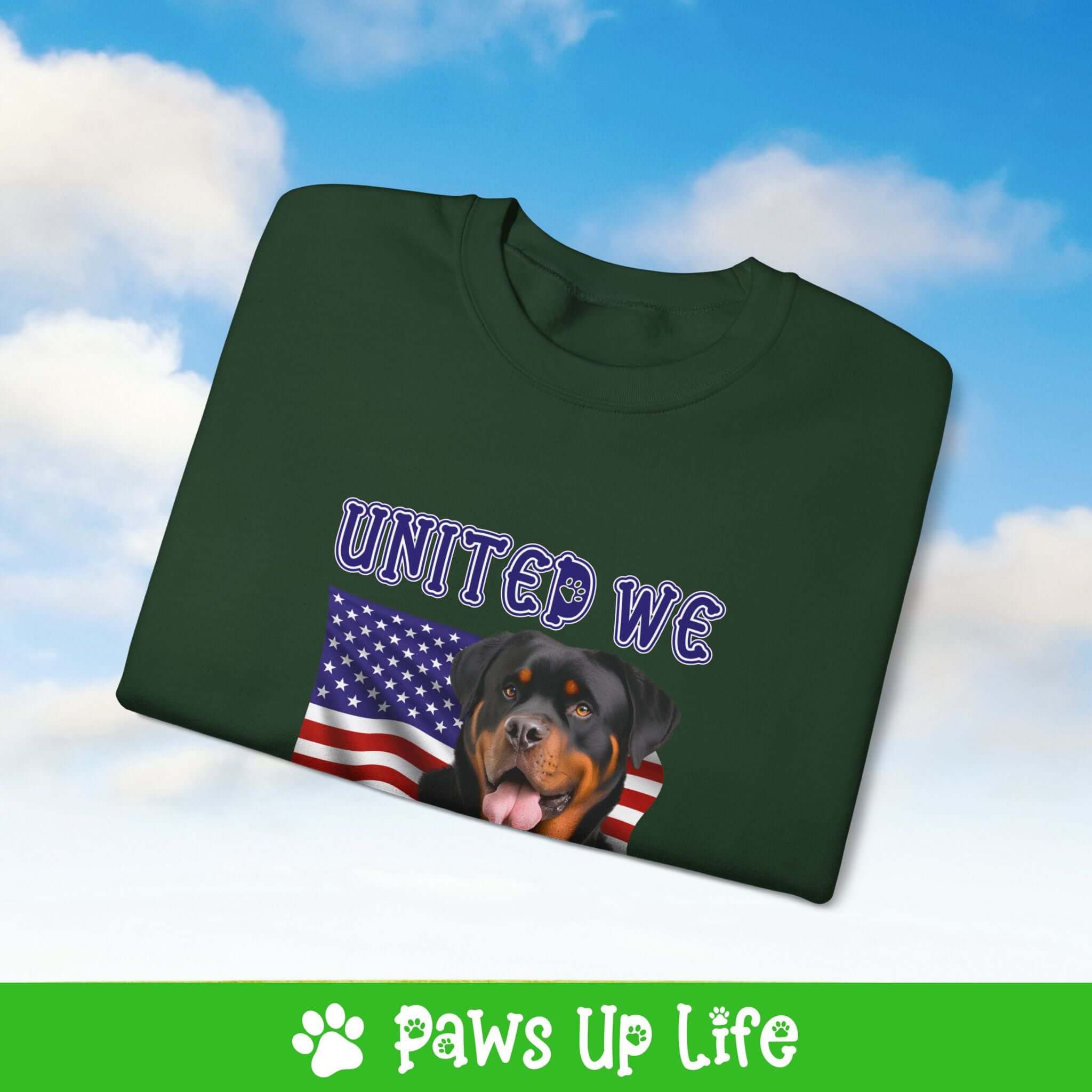 "United We Love" Rottweiler Dog Crewneck Sweatshirt – Patriotic Dog Lover Gift, Unisex Apparel for Proud Dog Moms & Dads | Paws Up Life, LLC