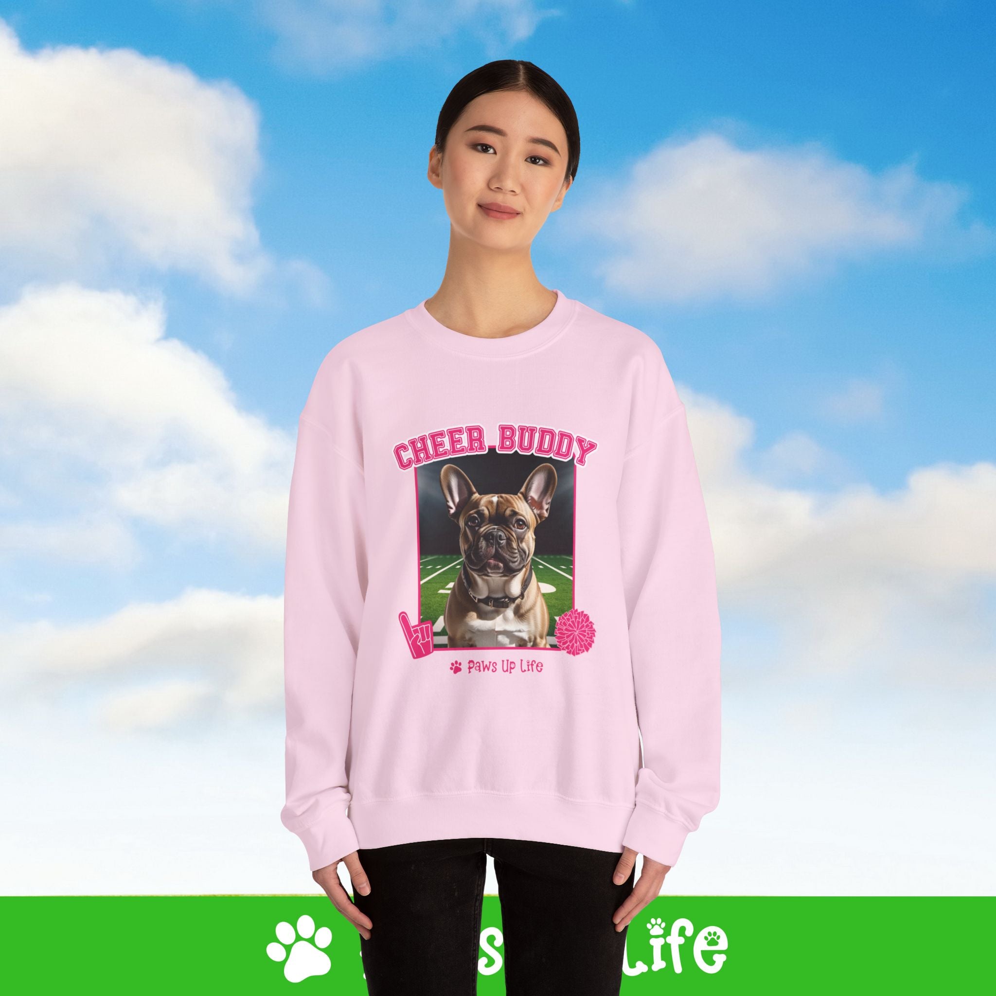 French Bulldog Football Cheer Buddy Cheerleading Dog Crewneck Sweatshirt, Unisex Gift for Animal Lovers, Dog Mom Dad Sweatshirt, Cute Dog Lover Apparel, Fun Pet | Paws Up Life, LLC