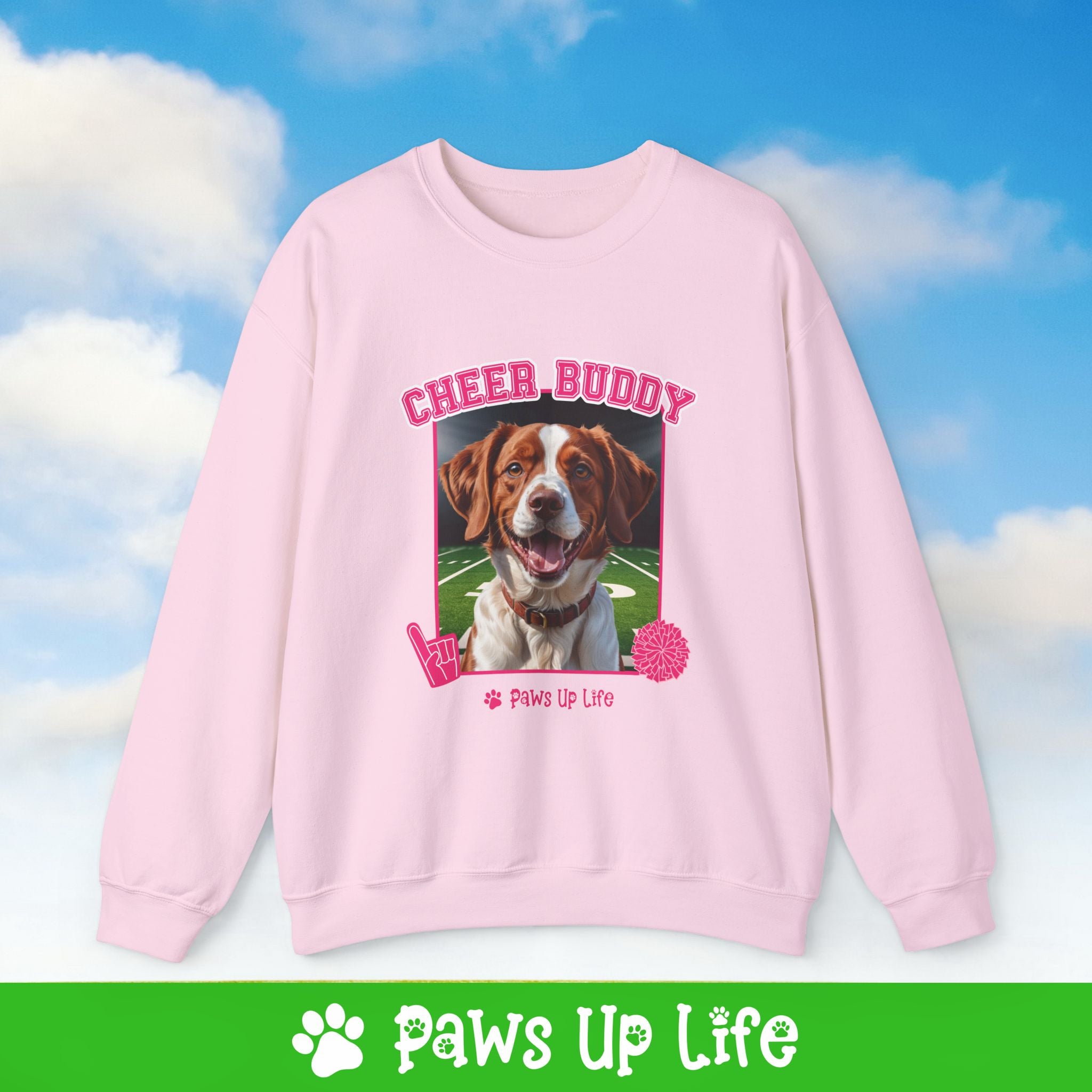 Brittany Football Cheer Buddy Cheerleading Dog Crewneck Sweatshirt, Unisex Gift for Animal Lovers, Dog Mom Dad Sweatshirt, Cute Dog Lover Apparel, Fun Pet | Paws Up Life, LLC