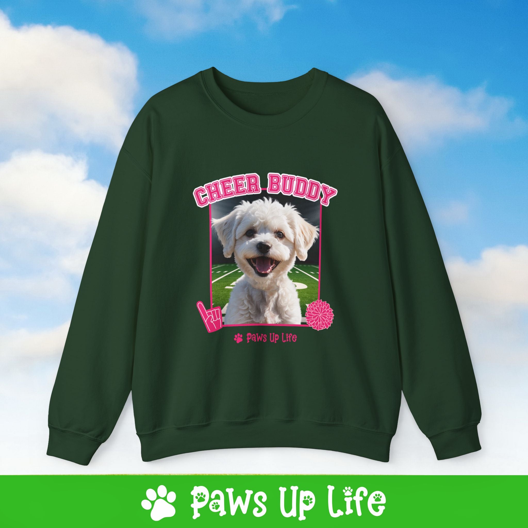 Bichons Frise Football Cheer Buddy Cheerleading Dog Crewneck Sweatshirt, Unisex Gift for Animal Lovers, Dog Mom Dad Sweatshirt, Cute Dog Lover Apparel, Fun Pet | Paws Up Life, LLC