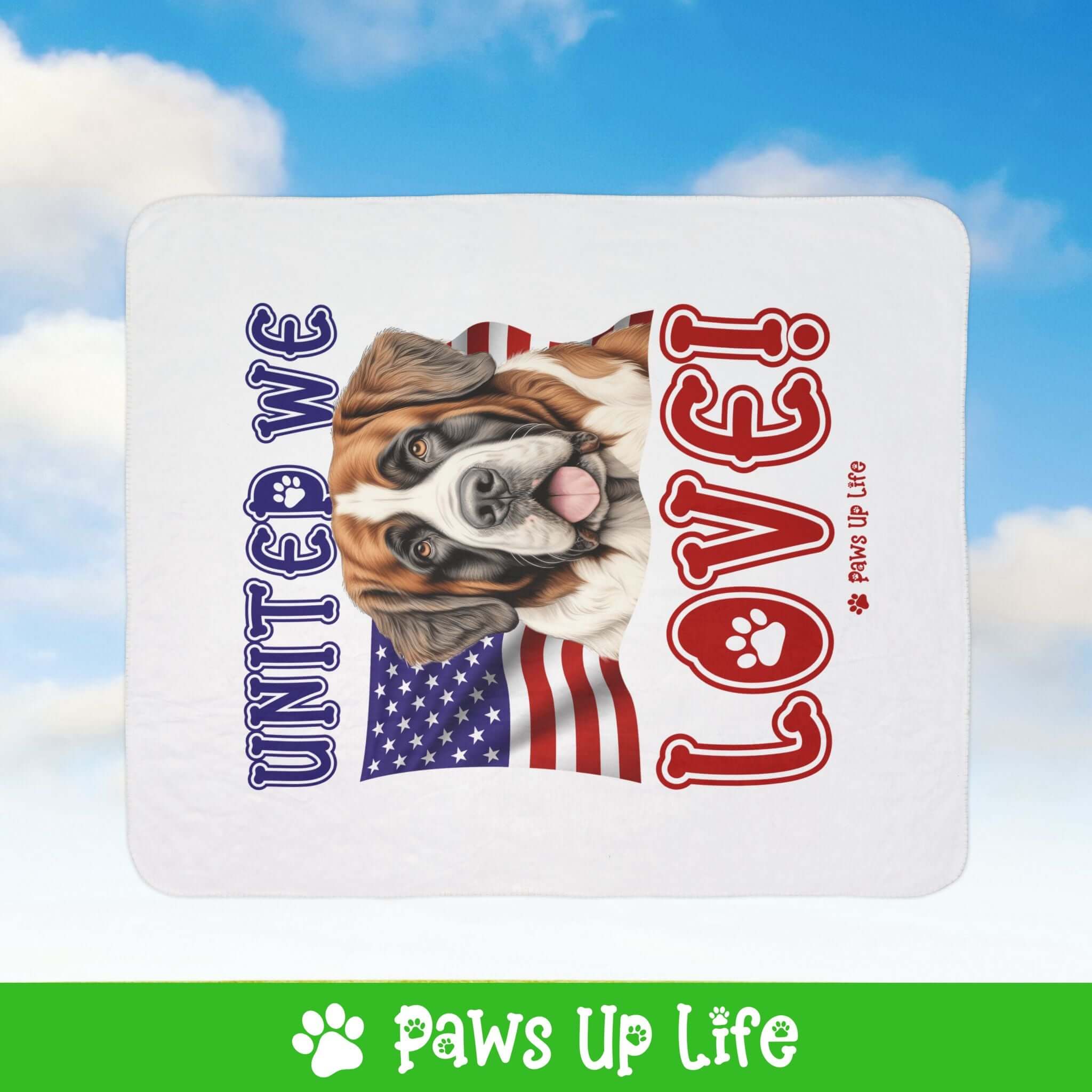 "United We Love" St. Bernard Patriotic Fleece Sherpa Blanket - Perfect for Snuggling and Cozy Napping