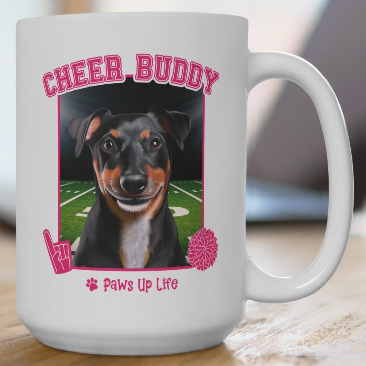 Black Russell Terrier Football Cheer Buddy Cheerleading Dog 15oz Large Coffee Mug Ceramic Drinkware Tea Washable | Paws Up Life, LLC