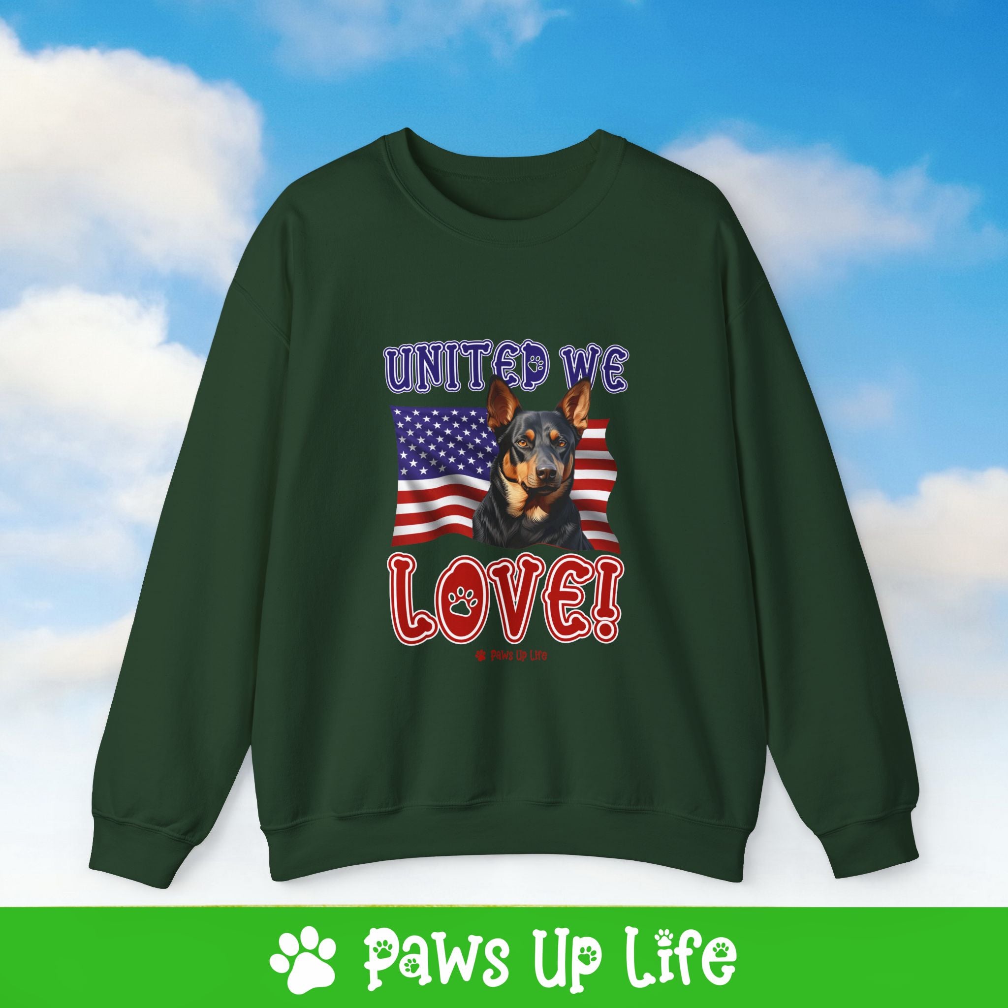 Australian Kelpie Dog United We Love Dog Crewneck Sweatshirt, Unisex Gift for Animal Lovers, Dog Mom Dad Sweatshirt, Cute Dog Lover Apparel, Fun Pet | Paws Up Life, LLC