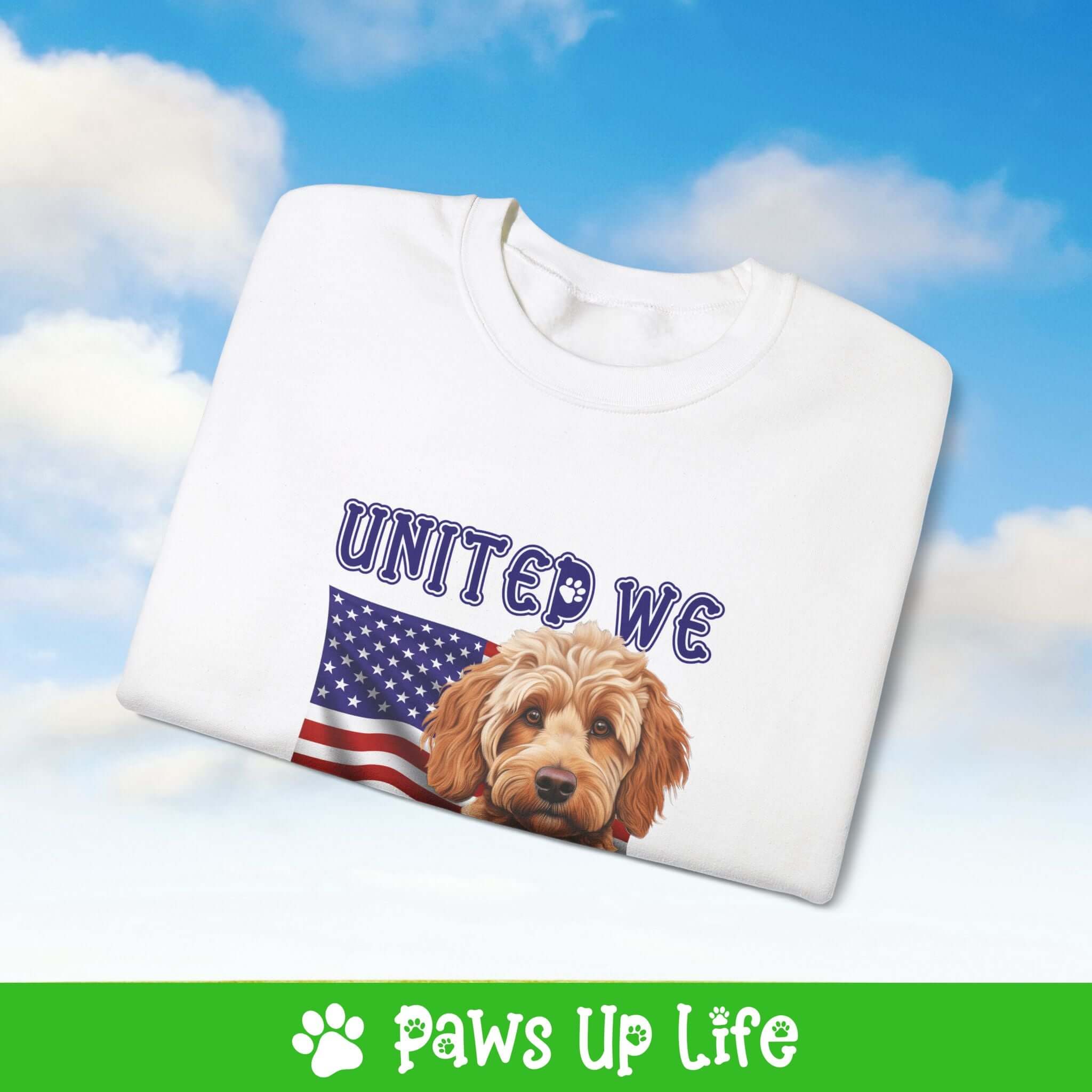 "United We Love" Spoodle Dog Crewneck Sweatshirt – Patriotic Dog Lover Gift, Unisex Apparel for Proud Dog Moms & Dads