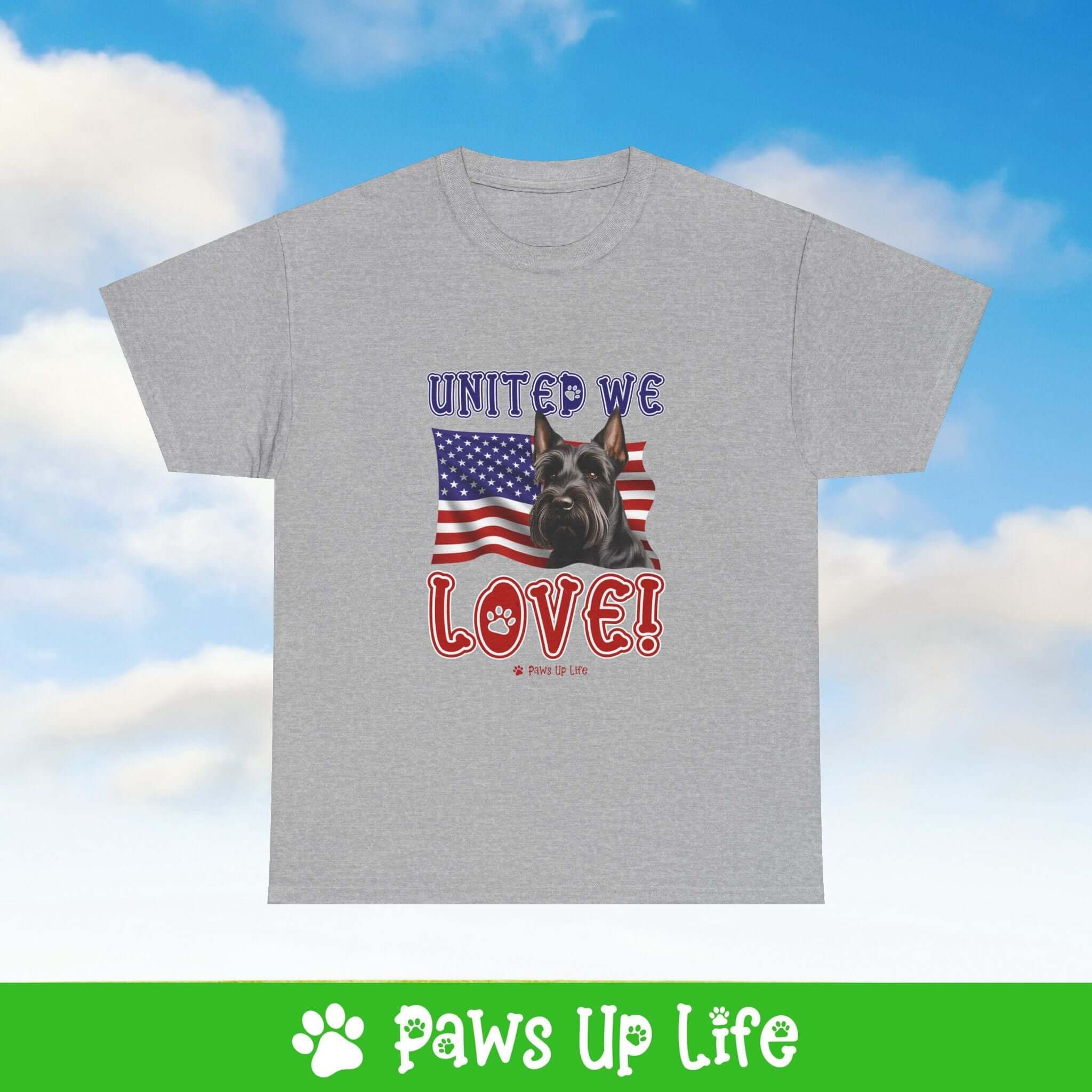 "United We Love" Scottish Terrier Lover T-Shirt – Perfect Patriotic Gift for Dog Lovers, Unisex Dog Mom & Dad Tee with a Fun Dog Design | Paws Up Life, LLC