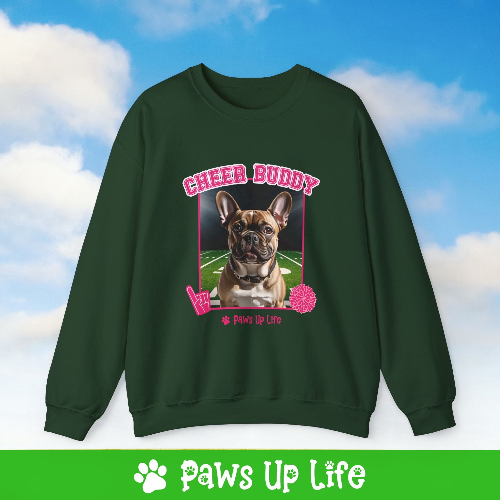 French Bulldog Football Cheer Buddy Cheerleading Dog Crewneck Sweatshirt, Unisex Gift for Animal Lovers, Dog Mom Dad Sweatshirt, Cute Dog Lover Apparel, Fun Pet | Paws Up Life, LLC