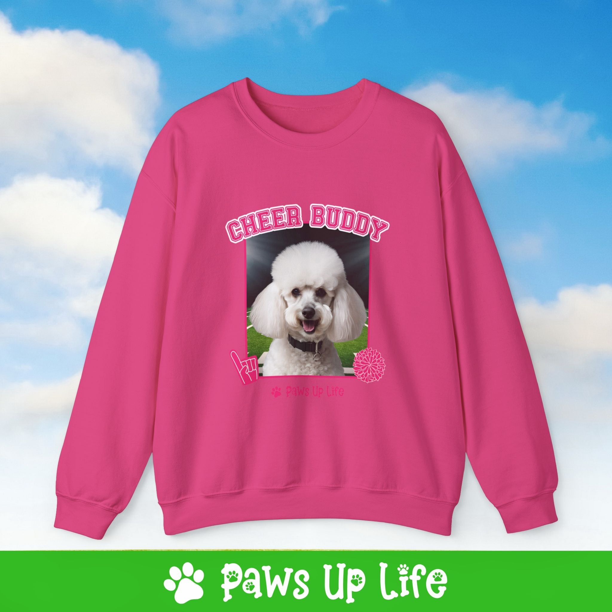 White Poodle Football Cheer Buddy Cheerleading Dog Crewneck Sweatshirt, Unisex Gift for Animal Lovers, Dog Mom Dad Sweatshirt, Cute Dog Lover Apparel, Fun Pet | Paws Up Life, LLC