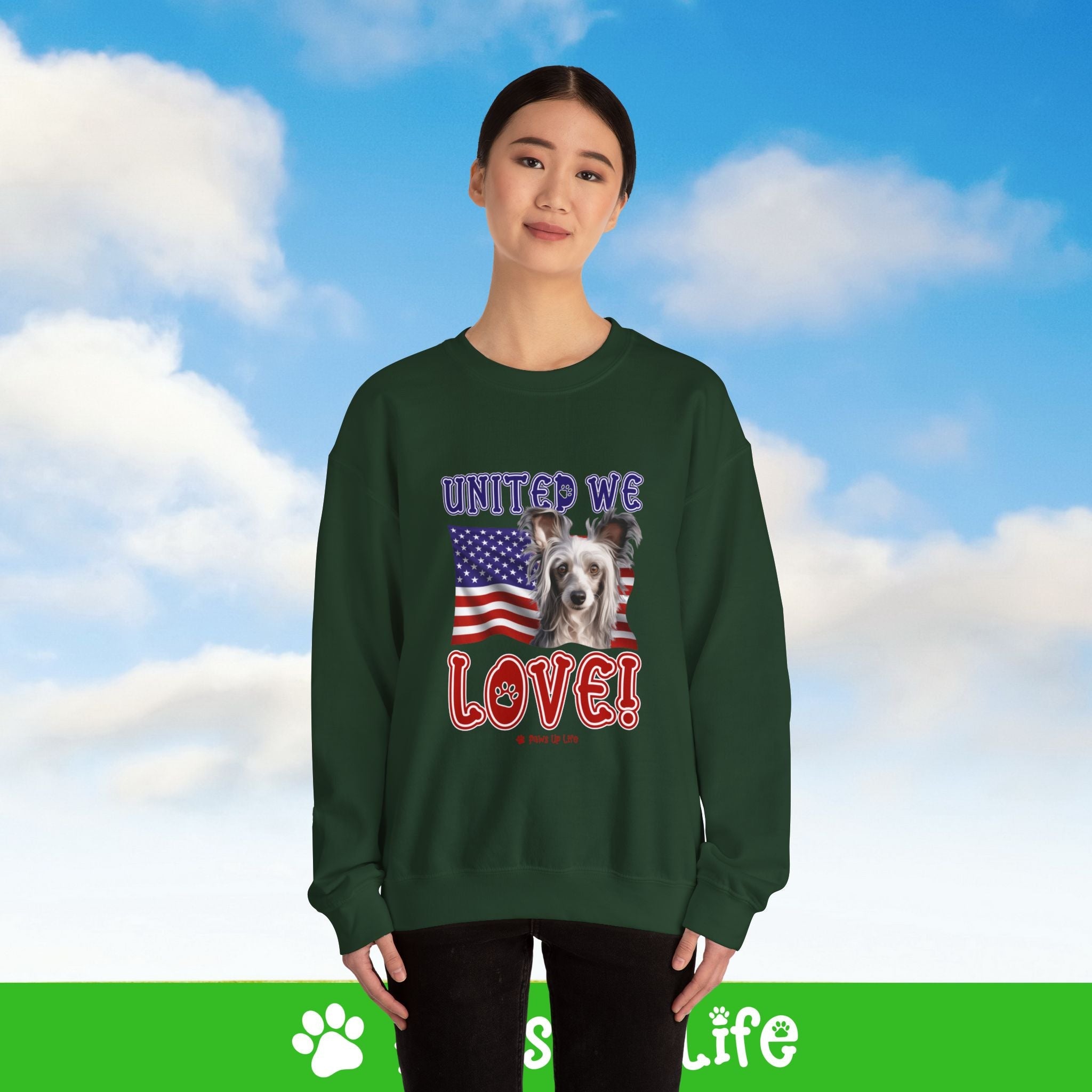 Chinese Crested Dog United We Love Dog Crewneck Sweatshirt, Unisex Gift for Animal Lovers, Dog Mom Dad Sweatshirt, Cute Dog Lover Apparel, Fun Pet | Paws Up Life, LLC