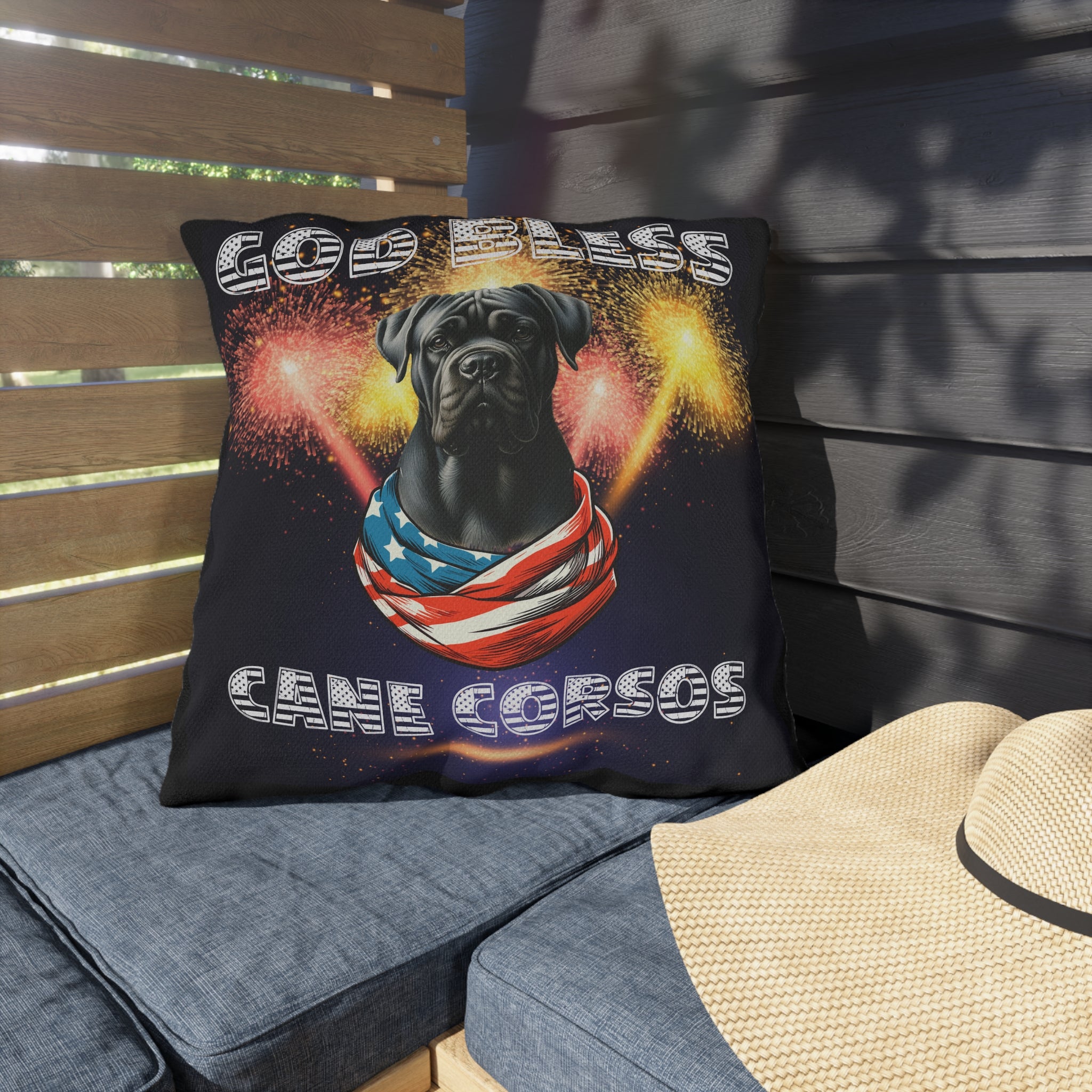 God Bless Cane Corso Dog Patriotic Outdoor Pillows | Multiple Sizes Available