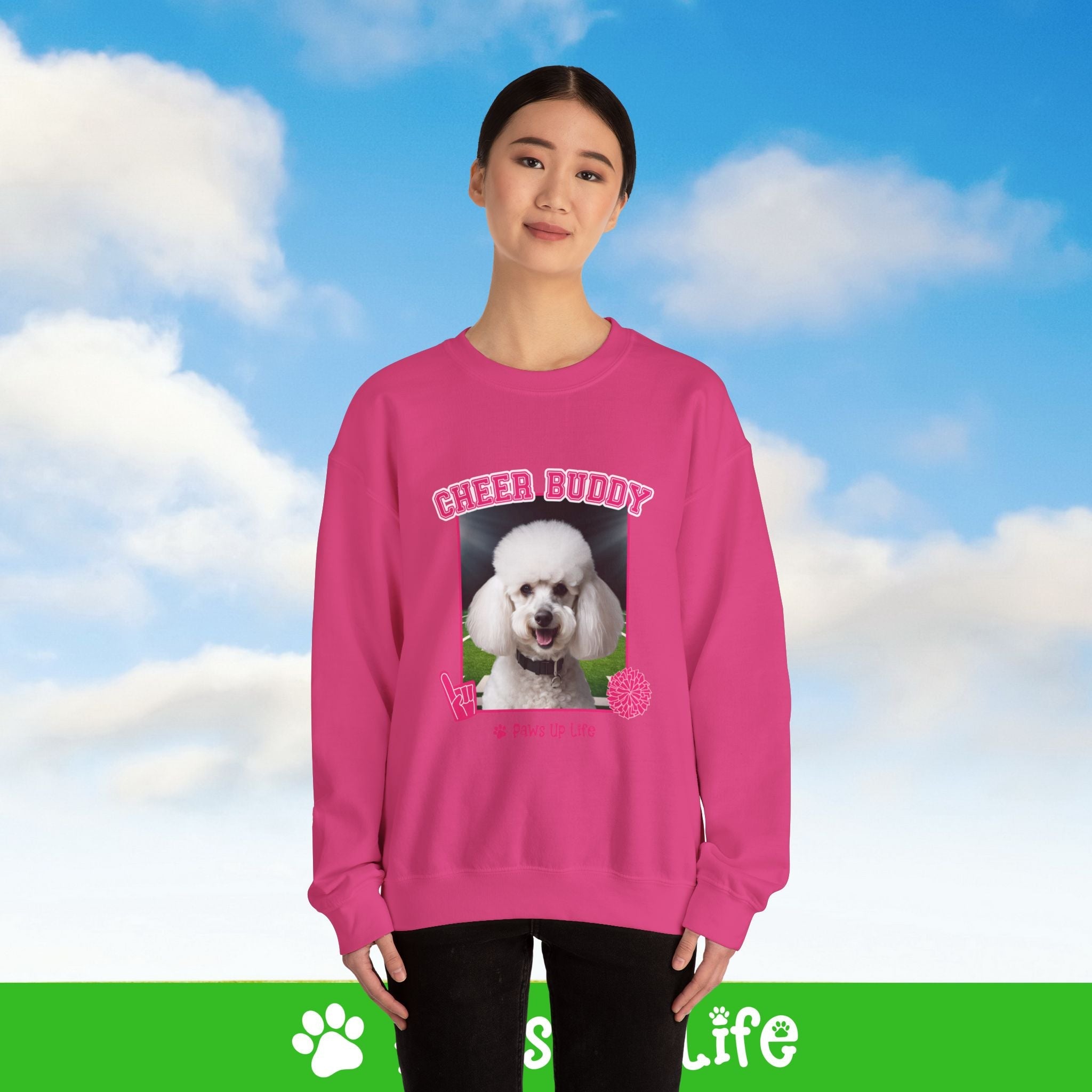 White Poodle Football Cheer Buddy Cheerleading Dog Crewneck Sweatshirt, Unisex Gift for Animal Lovers, Dog Mom Dad Sweatshirt, Cute Dog Lover Apparel, Fun Pet | Paws Up Life, LLC