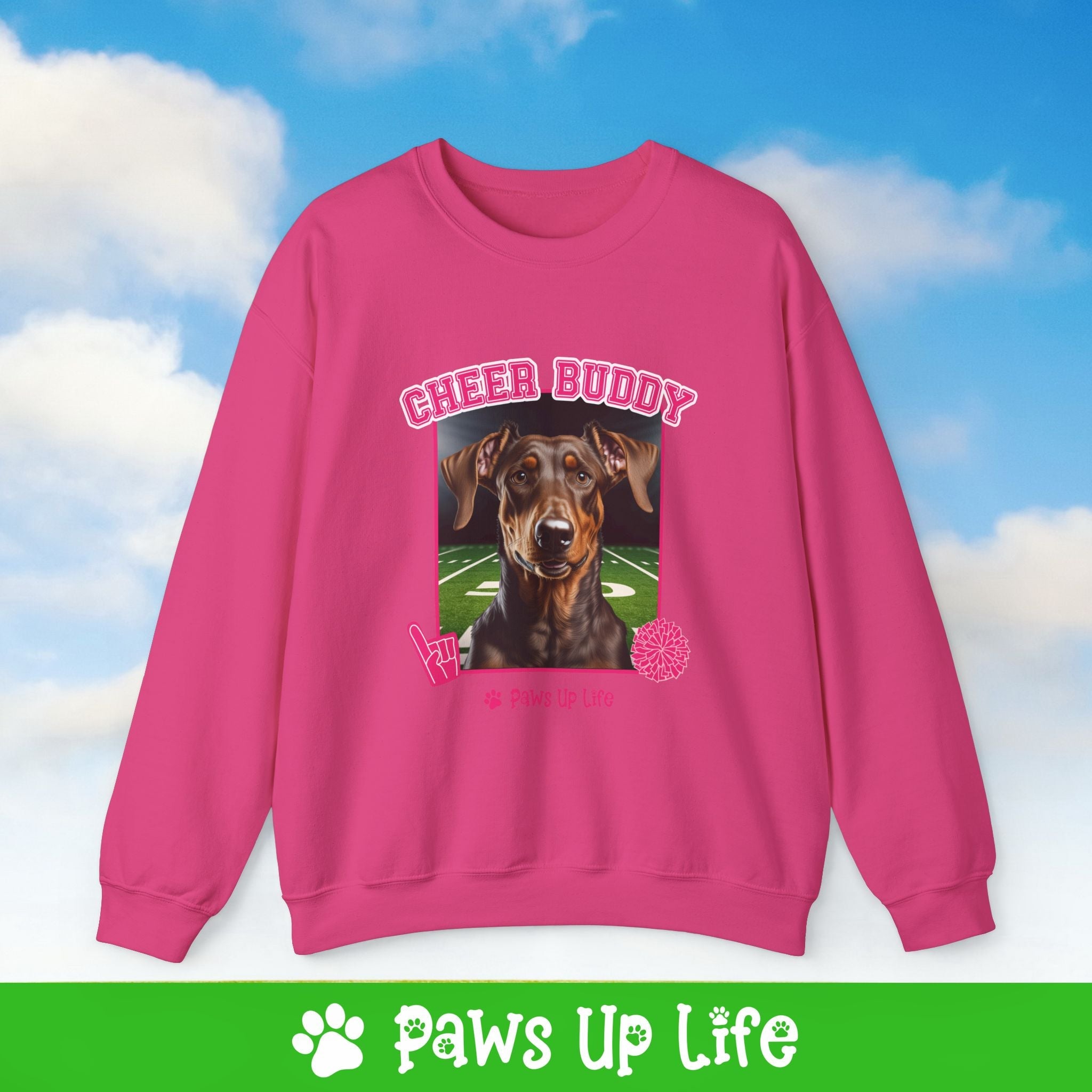 Doberman Pinscher Football Cheer Buddy Cheerleading Dog Crewneck Sweatshirt, Unisex Gift for Animal Lovers, Dog Mom Dad Sweatshirt, Cute Dog Lover Apparel, Fun Pet | Paws Up Life, LLC