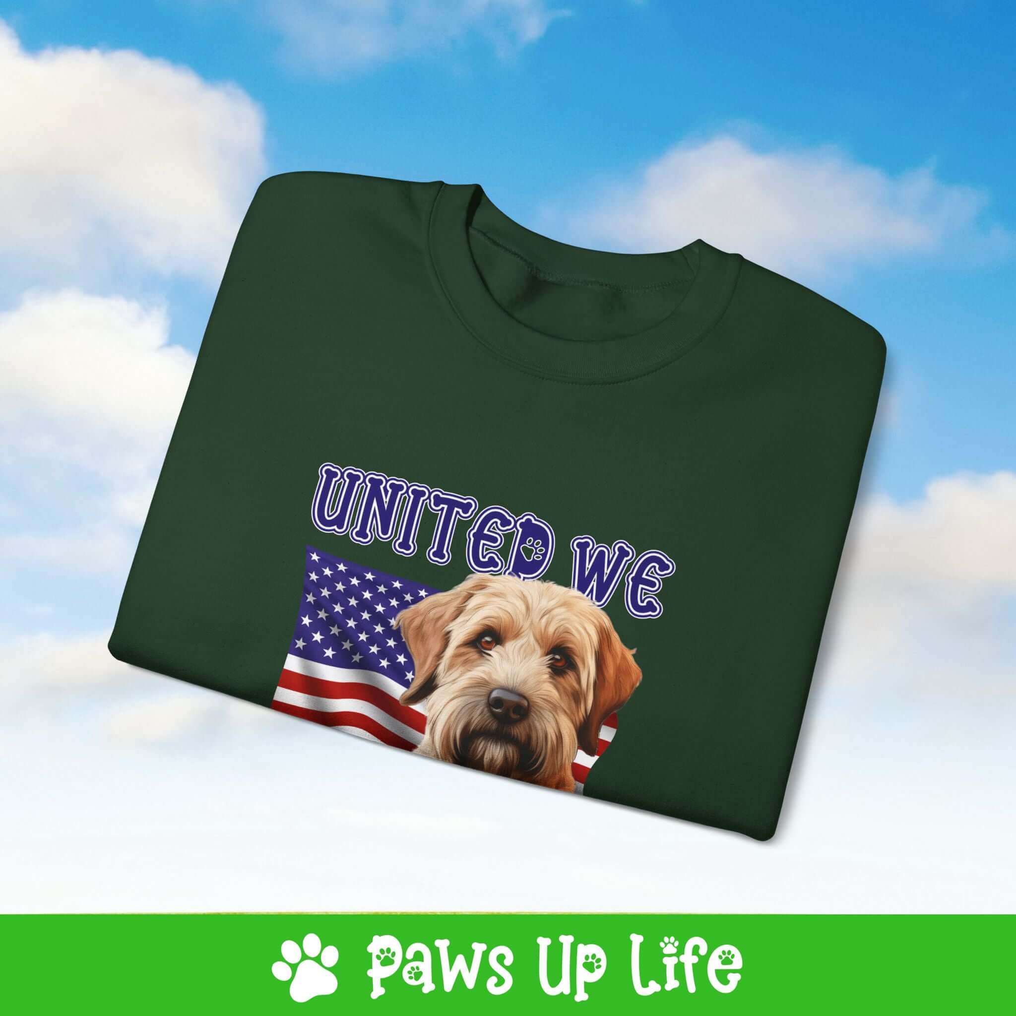 "United We Love" Soft Coated Wheaten Terrier Dog Crewneck Sweatshirt – Patriotic Dog Lover Gift, Unisex Apparel for Proud Dog Moms & Dads | Paws Up Life, LLC