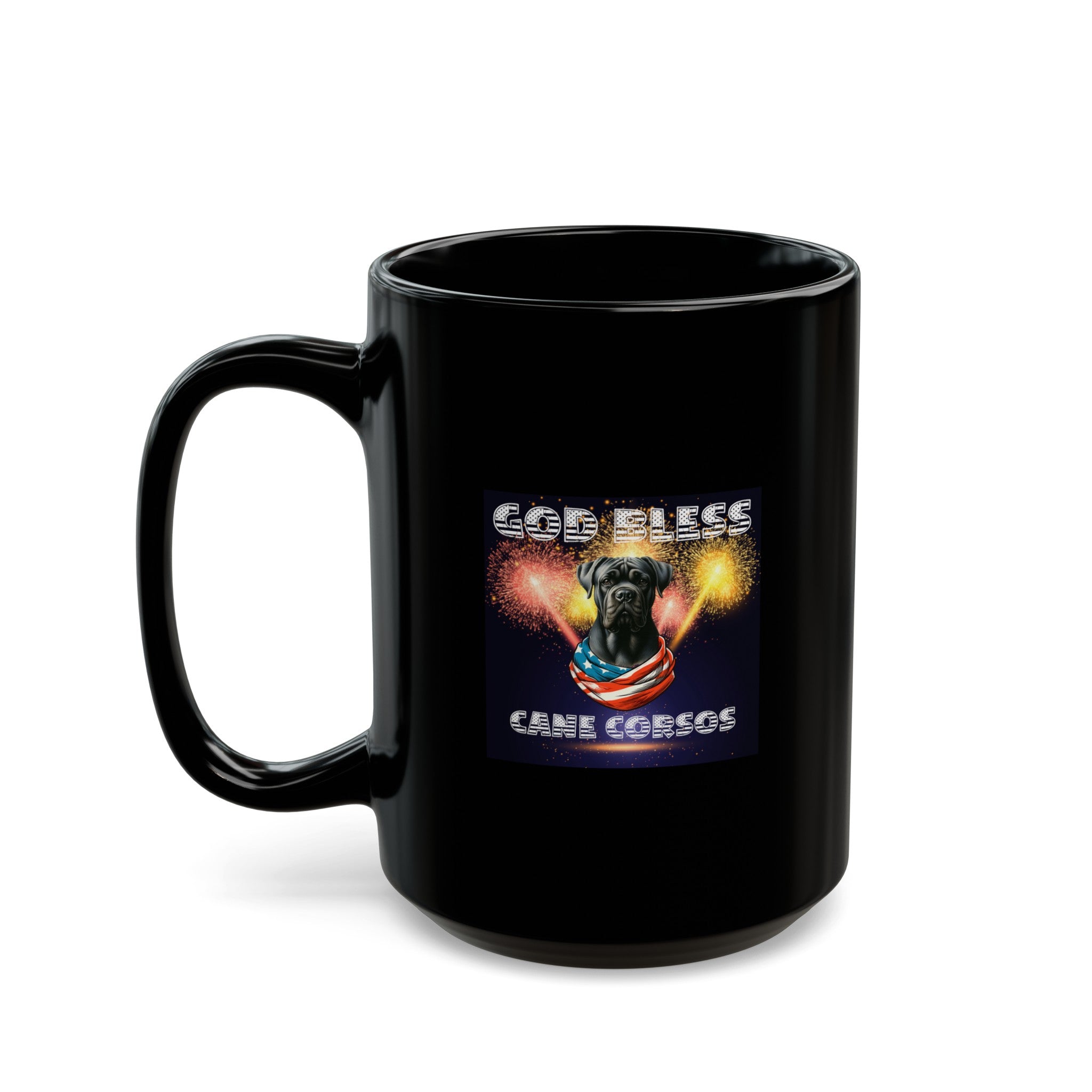 God Bless Cane Corso Dog Patriotic Coffee Mug Gift for Him or Her | Black Mug 15oz