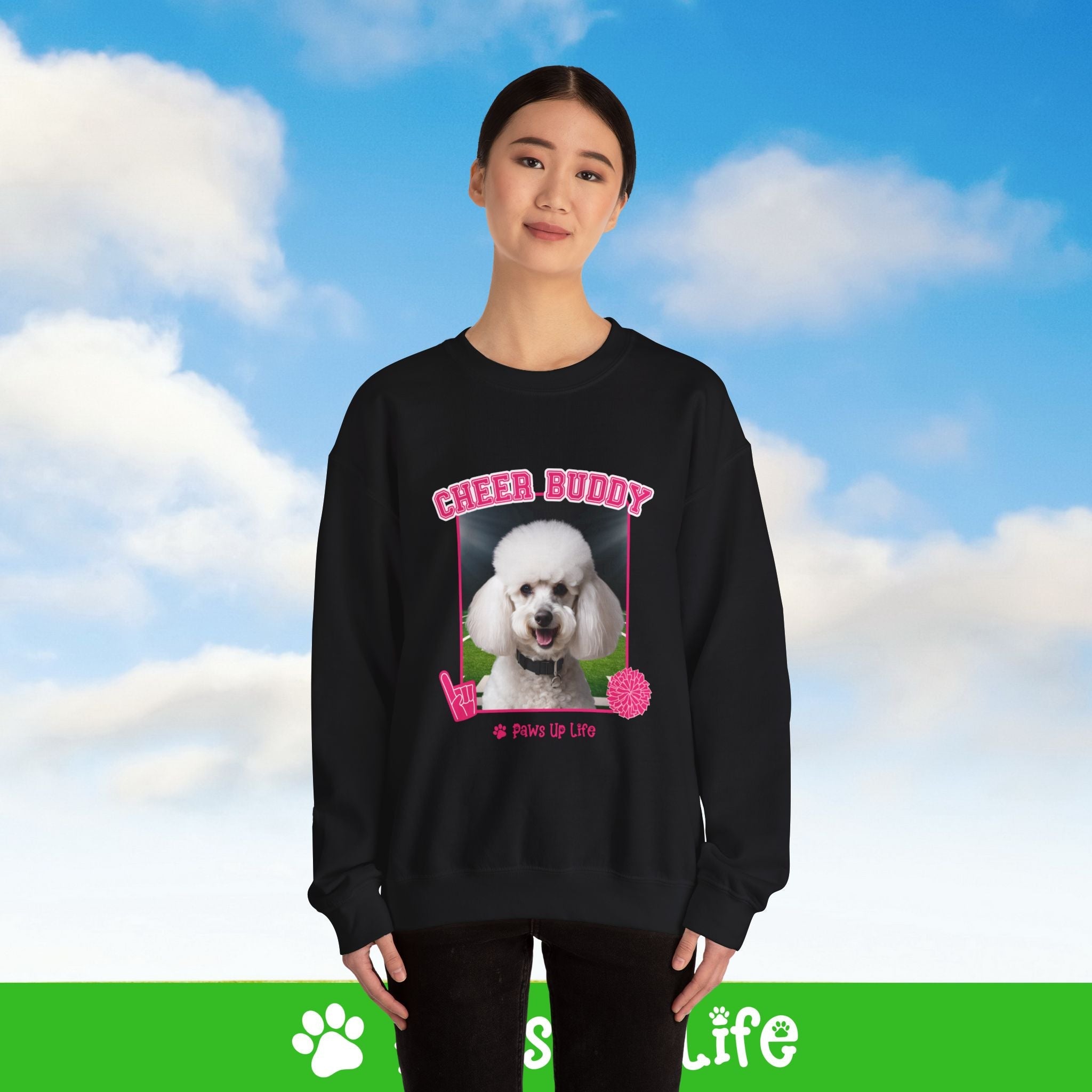 White Poodle Football Cheer Buddy Cheerleading Dog Crewneck Sweatshirt, Unisex Gift for Animal Lovers, Dog Mom Dad Sweatshirt, Cute Dog Lover Apparel, Fun Pet | Paws Up Life, LLC