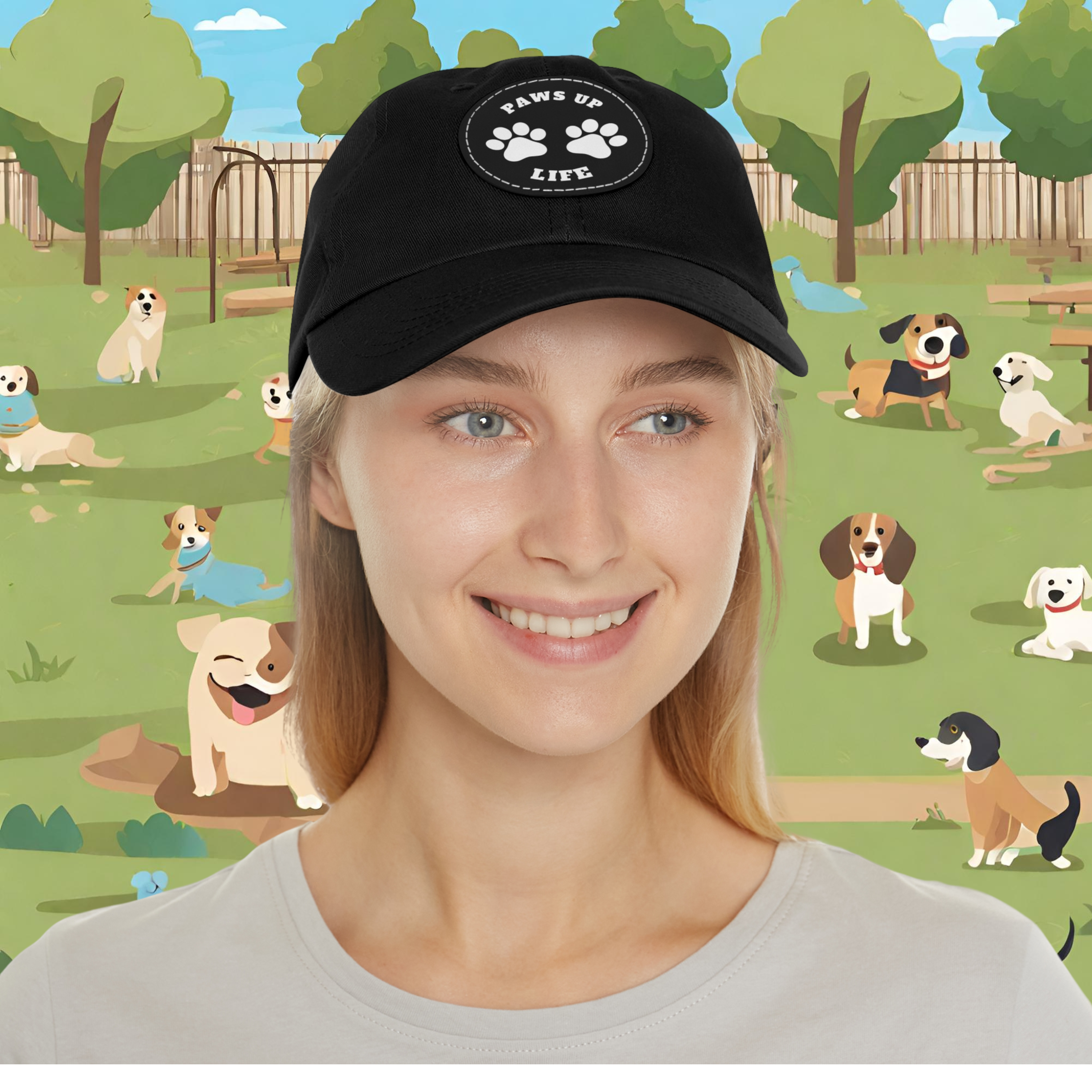 Paws Up Life Logo Dog Mom or Dad Hat with Leather Patch (Round) Show Your Dog Dad Pride with this Stylish Hat Featuring a Leather Patch. Crafted for Comfort and Durability, It's The Perfect Accessory For Canine Enthusiasts Who Appreciate Quality and Style