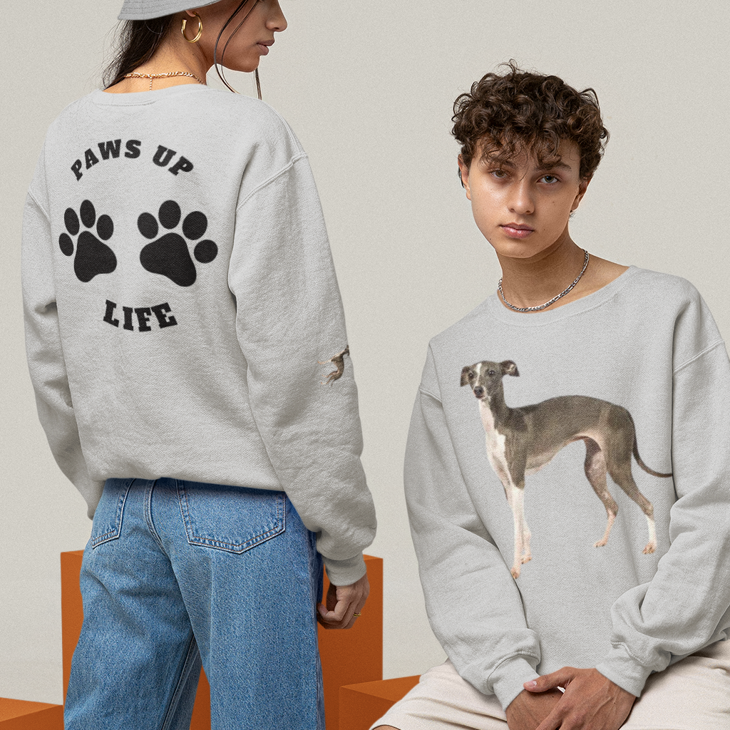 Italian Greyhound - Unisex Sweatshirt With The Paws Up Life Logo On The Back. Great Gift For Dog Mom Or Dad - Adults & Kids | Perfect Gifts for Pet Lovers - Cozy and Stylish Apparel - DryBlend® Crewneck Sweatshirt