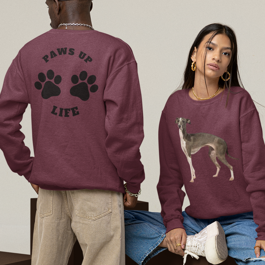 Italian Greyhound - Unisex Sweatshirt With The Paws Up Life Logo On The Back. Great Gift For Dog Mom Or Dad - Adults & Kids | Perfect Gifts for Pet Lovers - Cozy and Stylish Apparel - DryBlend® Crewneck Sweatshirt