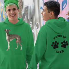 Italian Greyhound Hoodie With The Paws Up Logo On The Back Of Hoodie. Unisex Hooded Sweatshirt for Dog Mom or Dad - Adults & Kids | Perfect Gifts for Pet Lovers - Cozy and Stylish ApparelUnisex Heavy Blend™ Hooded Sweatshirt